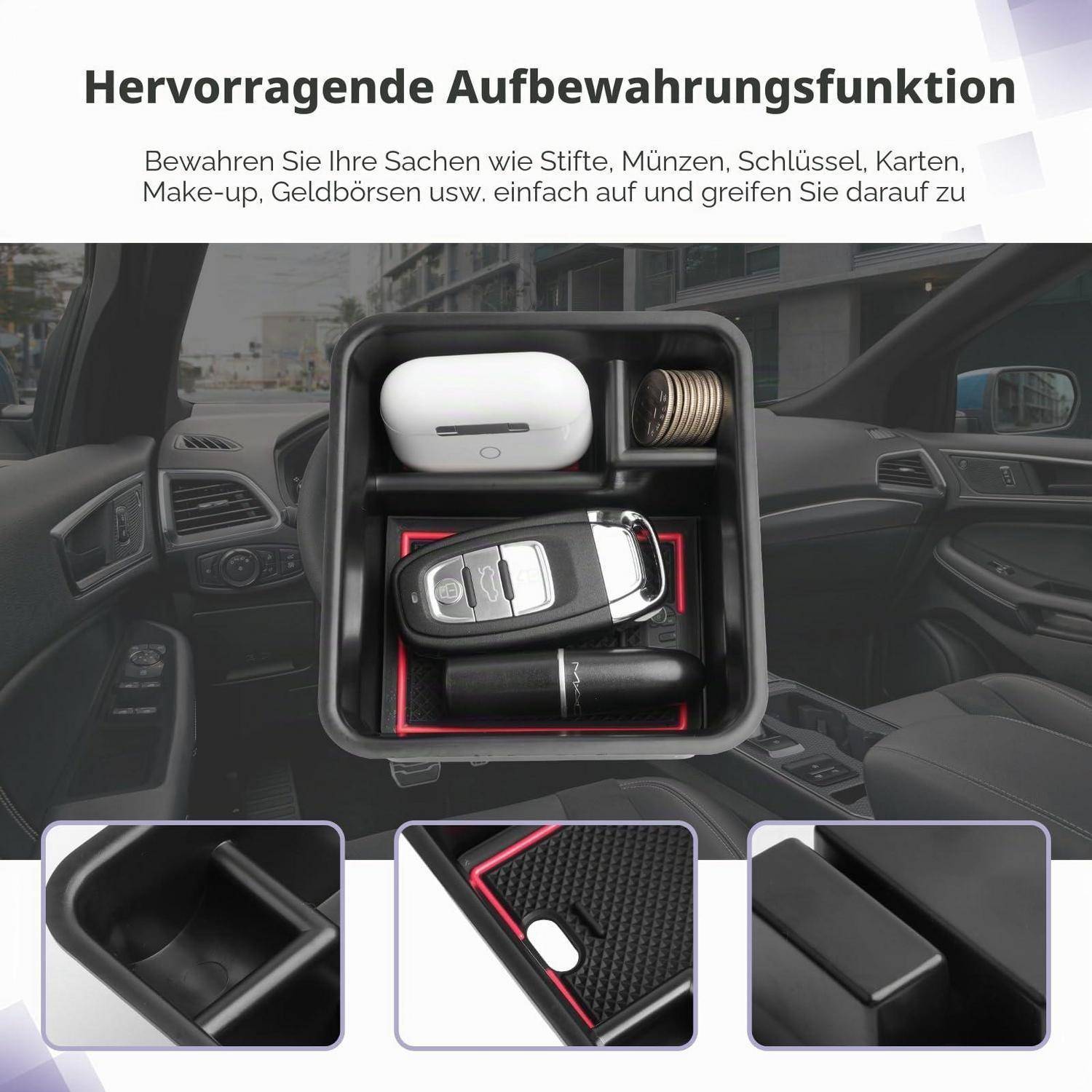 Organizer-Tablett für die mittlere Mittelkonsole eines Autos, das einen Schlüsselanhänger, ein Ohrhörer-Etui, Münzen und ein Telefon hält, dargestellt als Lagerzubehör mit detaillierten Nahaufnahmeansichten.