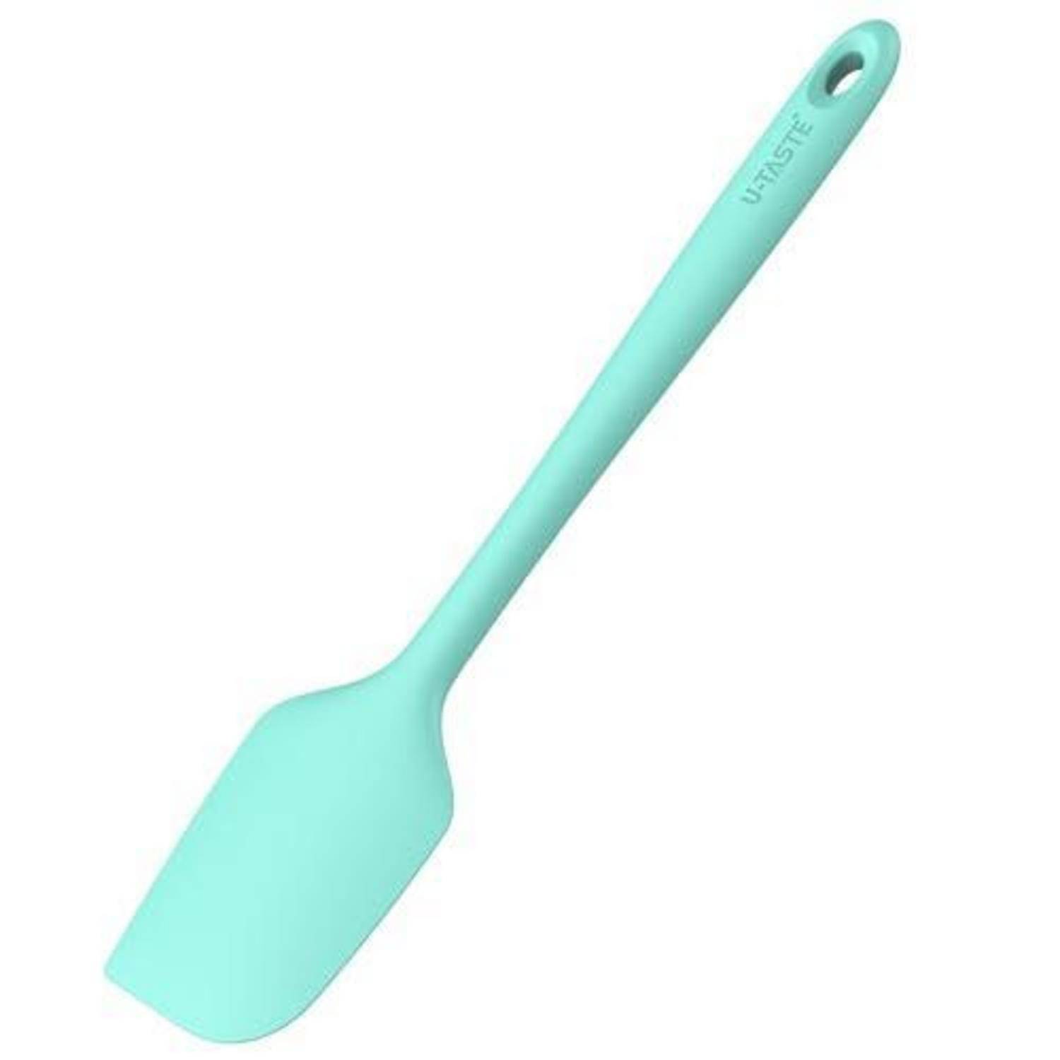 Mintgrüner Silikonspatel mit langem Griff und Aufhängeloch, gezeigt auf weißem Hintergrund.