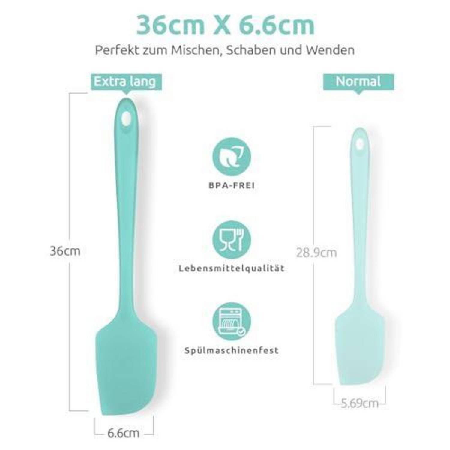 Produktvergleichsgrafik mit einem extra-langen und normalen türkis Silikonspatel, mit der Beschriftung 36 cm x 6,6 cm, mit folgenden Eigenschaften: BPA-frei, lebensmittelsicher, spülmaschinenfest.