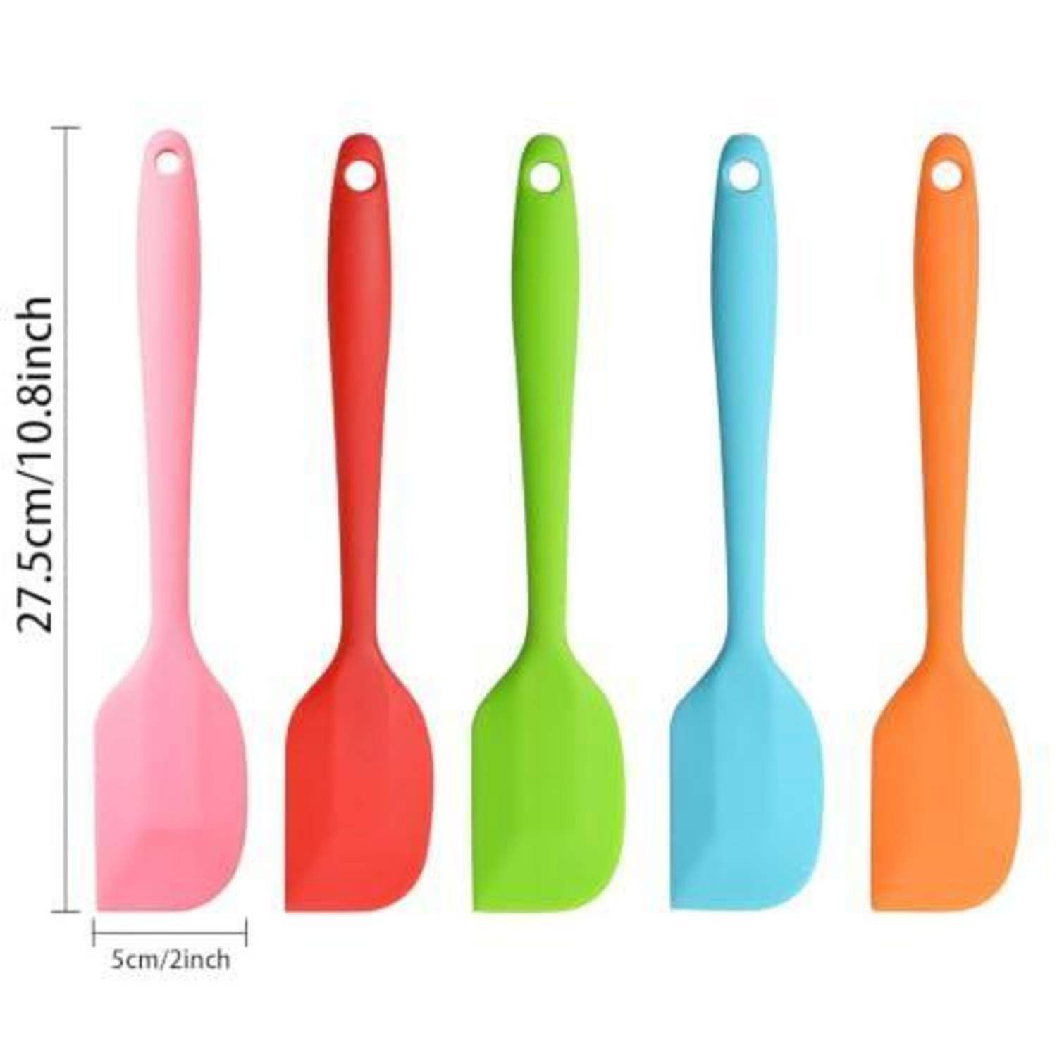 Fünf bunte Silikon-Spatel oder -Schaber mit Griffen, vertikal angeordnet mit Größenangaben 27,5 cm/10,8 Zoll lang und 5 cm/2 Zoll breit.
