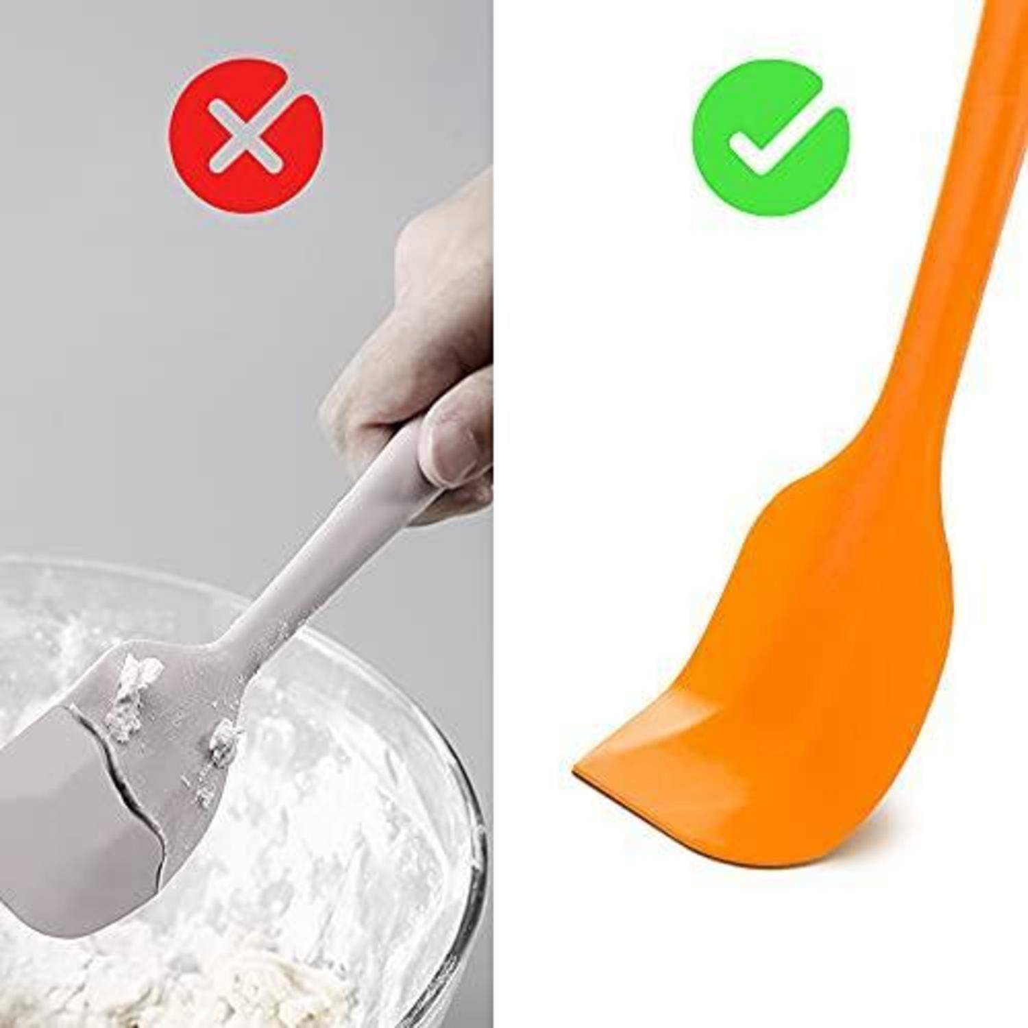 Geteiltes Bild, das einen verbogenen Metalllöffel zeigt, der beim Rühren in Teig als falsch gekennzeichnet ist, und einen flexiblen orangefarbenen Spatel, der zum Mischen oder Kratzen als richtig gekennzeichnet ist.