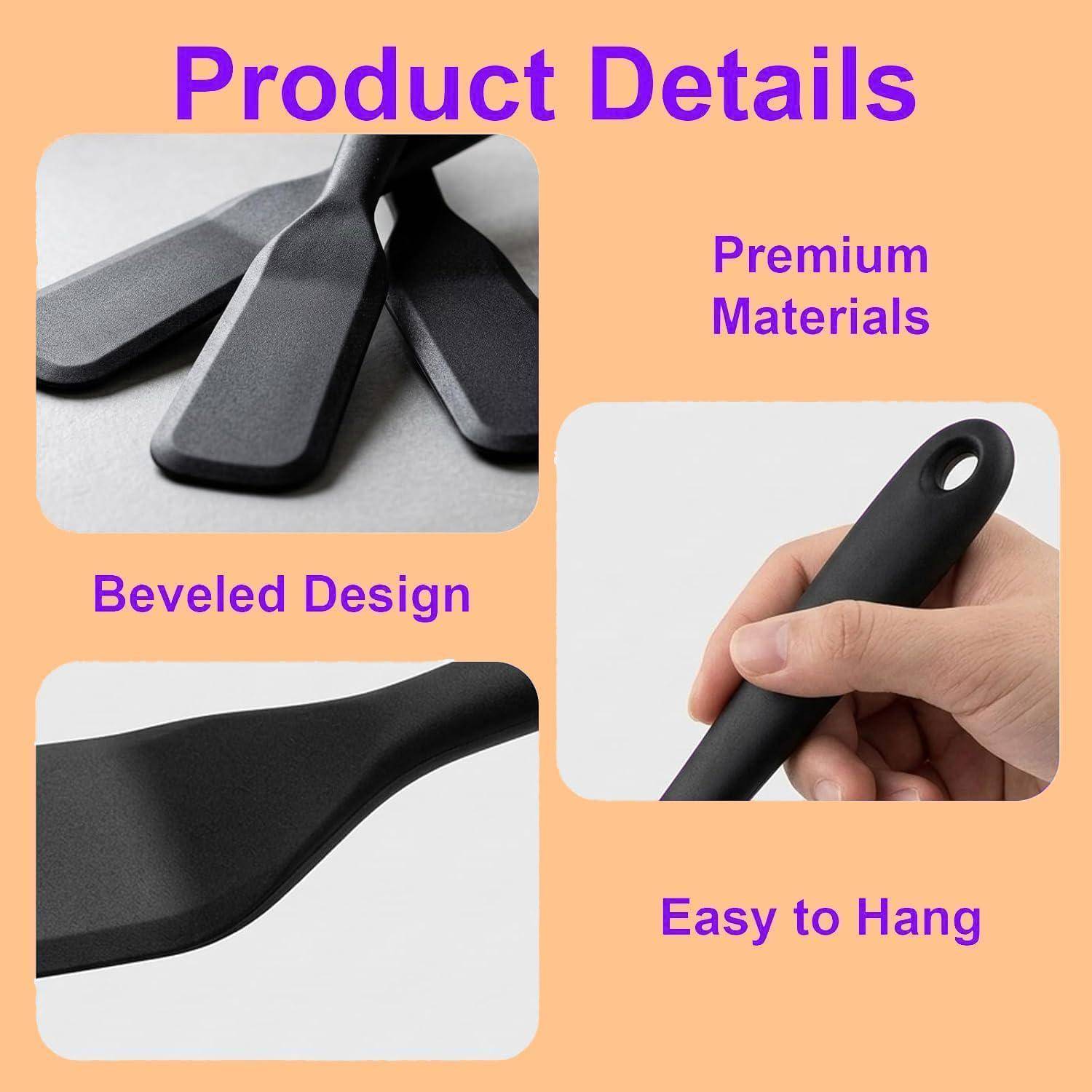 Produktdetails-Grafik mit einem schwarzen Spatel/Wender mit abgeschrägtem Design, hochwertigen Materialien und einem leicht zu befestigenden Griffloch.