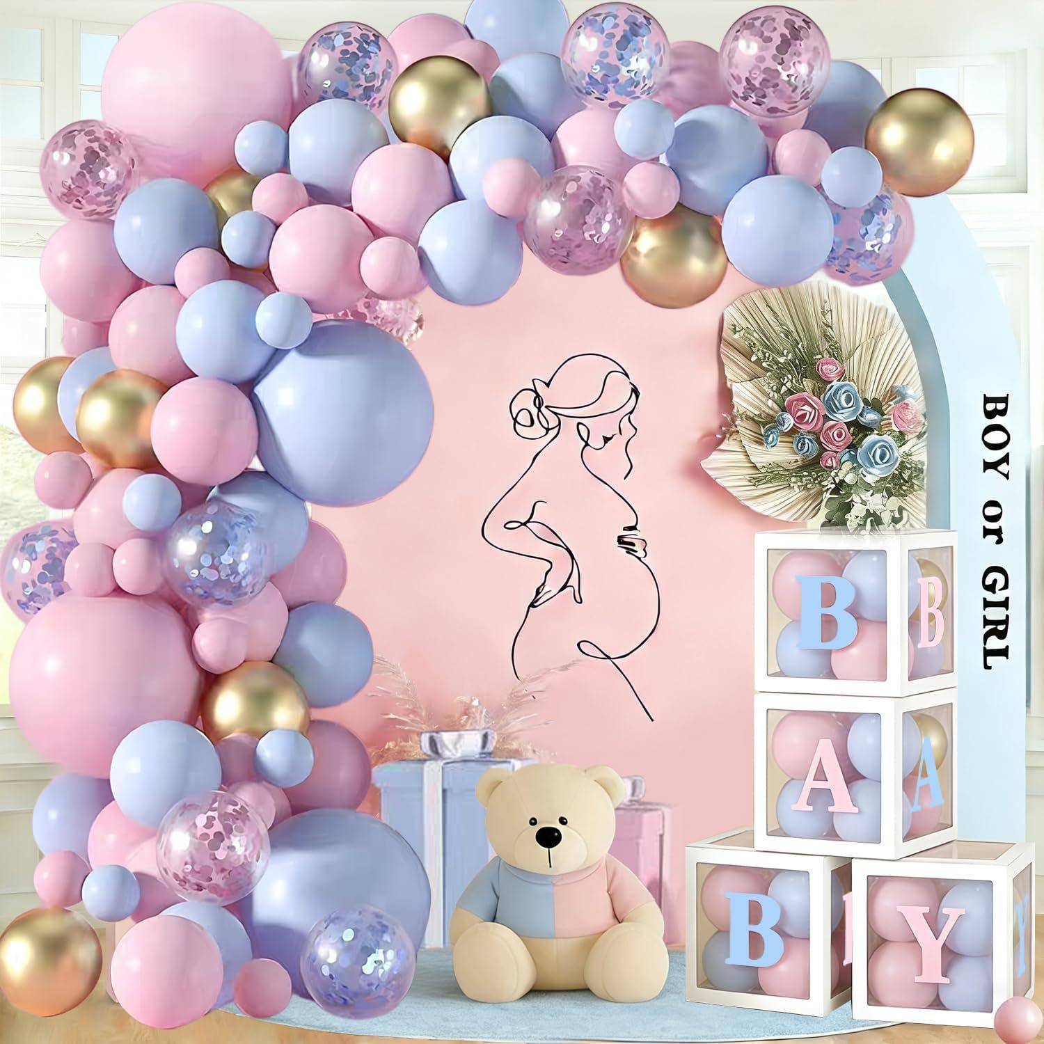 Pastellfarbener Babyshower-Hintergrund mit Ballonbogen, Teddybär, Geschenkbox und gestapelten Bausteinen mit der Aufschrift „BABY