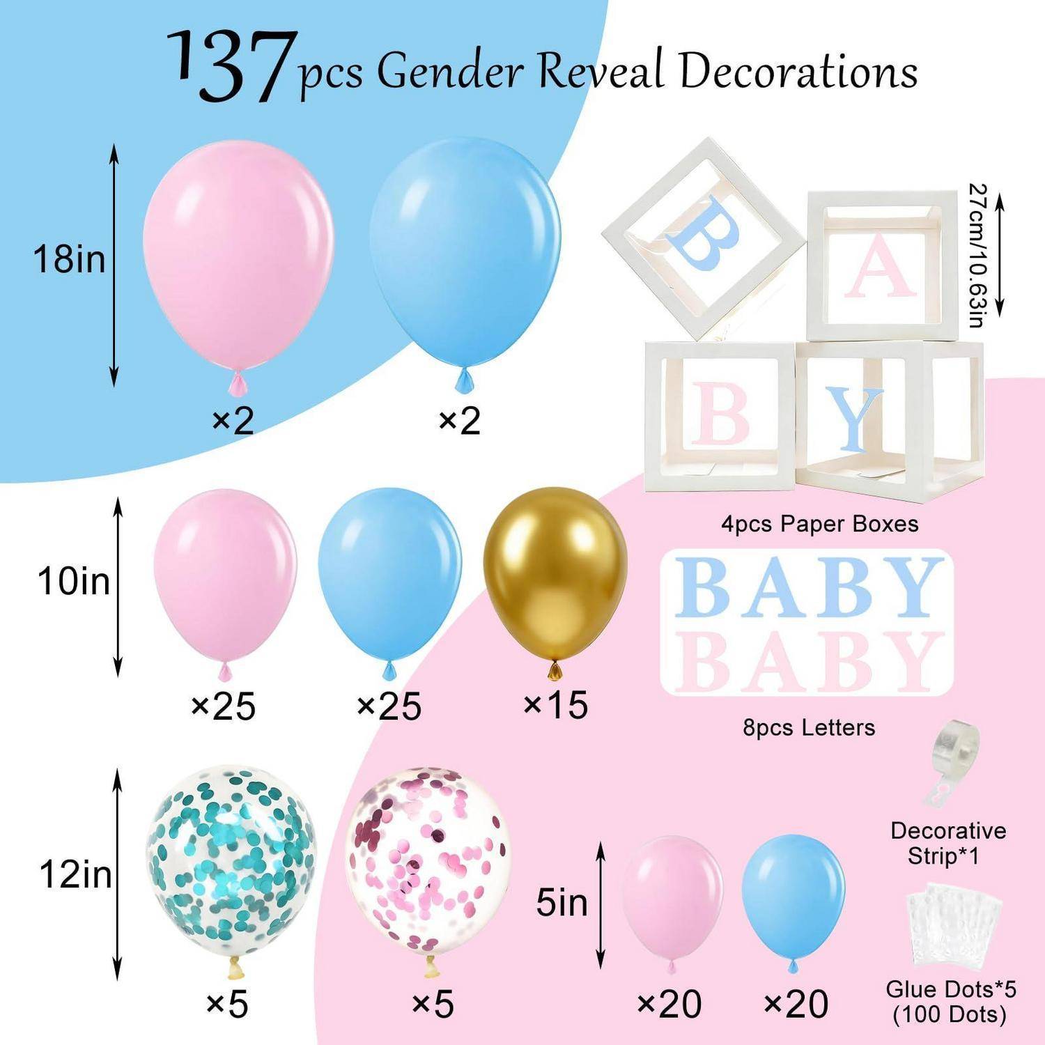 Geschlechtsoffenbarungs-Dekorationssatz mit 137 Teilen: Ballons in Rosa, Blau, Gold, gemusterte Stile, 4 Papierboxen, 'BABY'-Buchstaben, ein dekorativer Streifen und Klebepunkte.