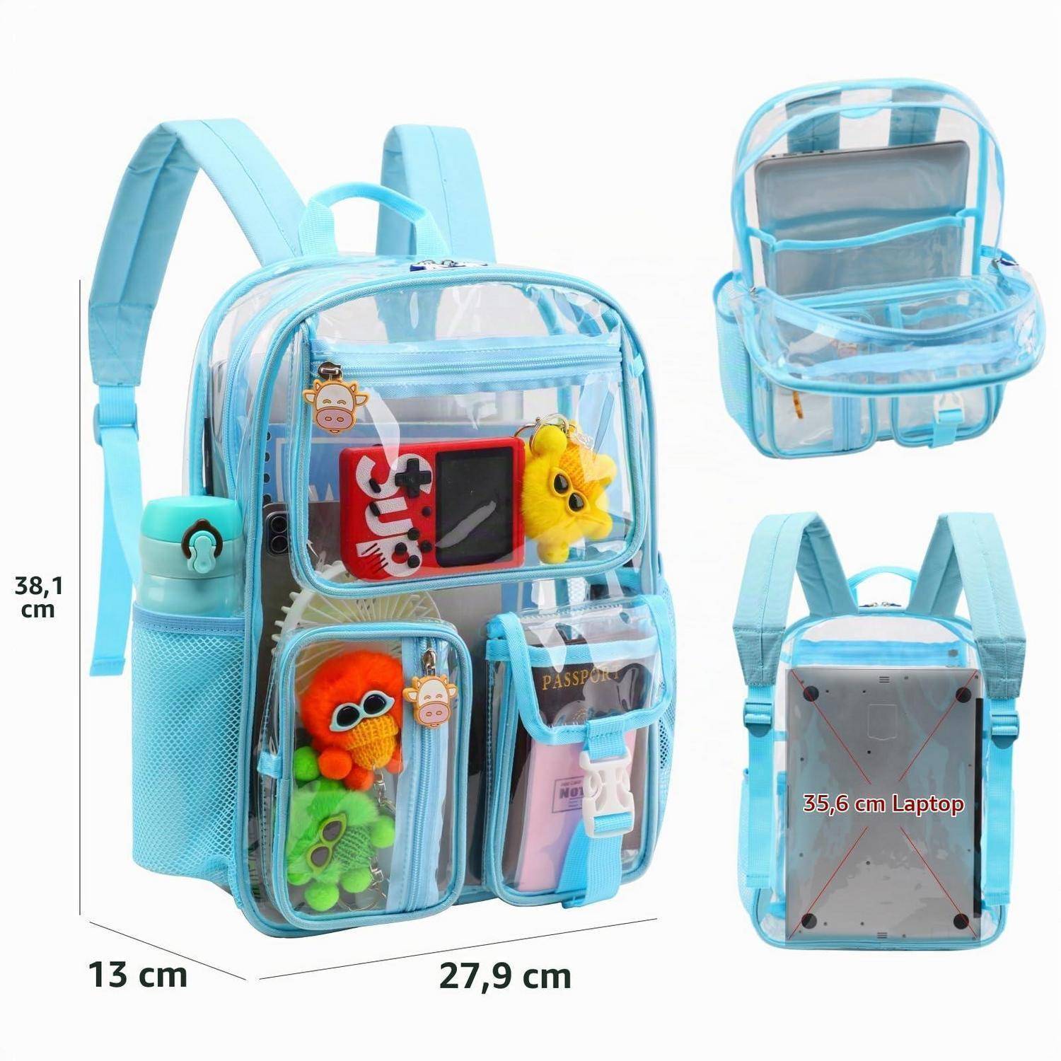 Klarer blauer Rucksack mit mehreren transparenten Reißverschlusstaschen, von vorne, hinten und offen gezeigt; beschriftet 38,1 cm hoch, 27,9 cm breit, 13 cm tief, passt einen 35,6 cm Laptop.