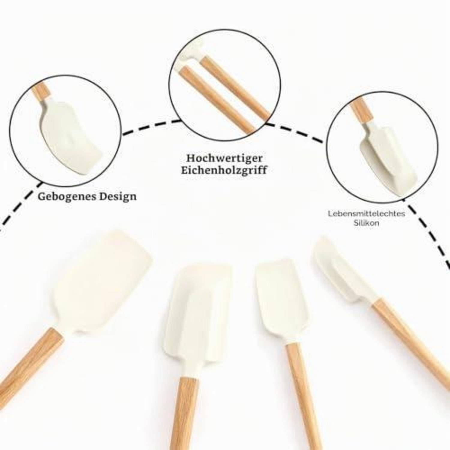 Produktgrafik mit einem Silikonspatel mit gebogenem Buchenbaumgriff; die Beschriftungen lauten „Gebogenes Design