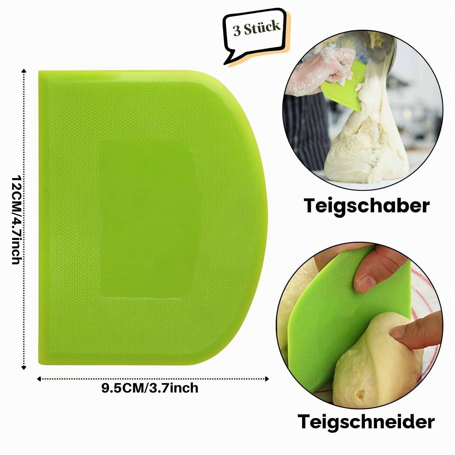 Grüner Silikon-Teigschaber/Teigschneider-Set, 3 Teile, mit Verwendungsfotos; gekennzeichnet mit 12 cm x 9,5 cm und 'Teigschaber' und 'Teigschneider'.