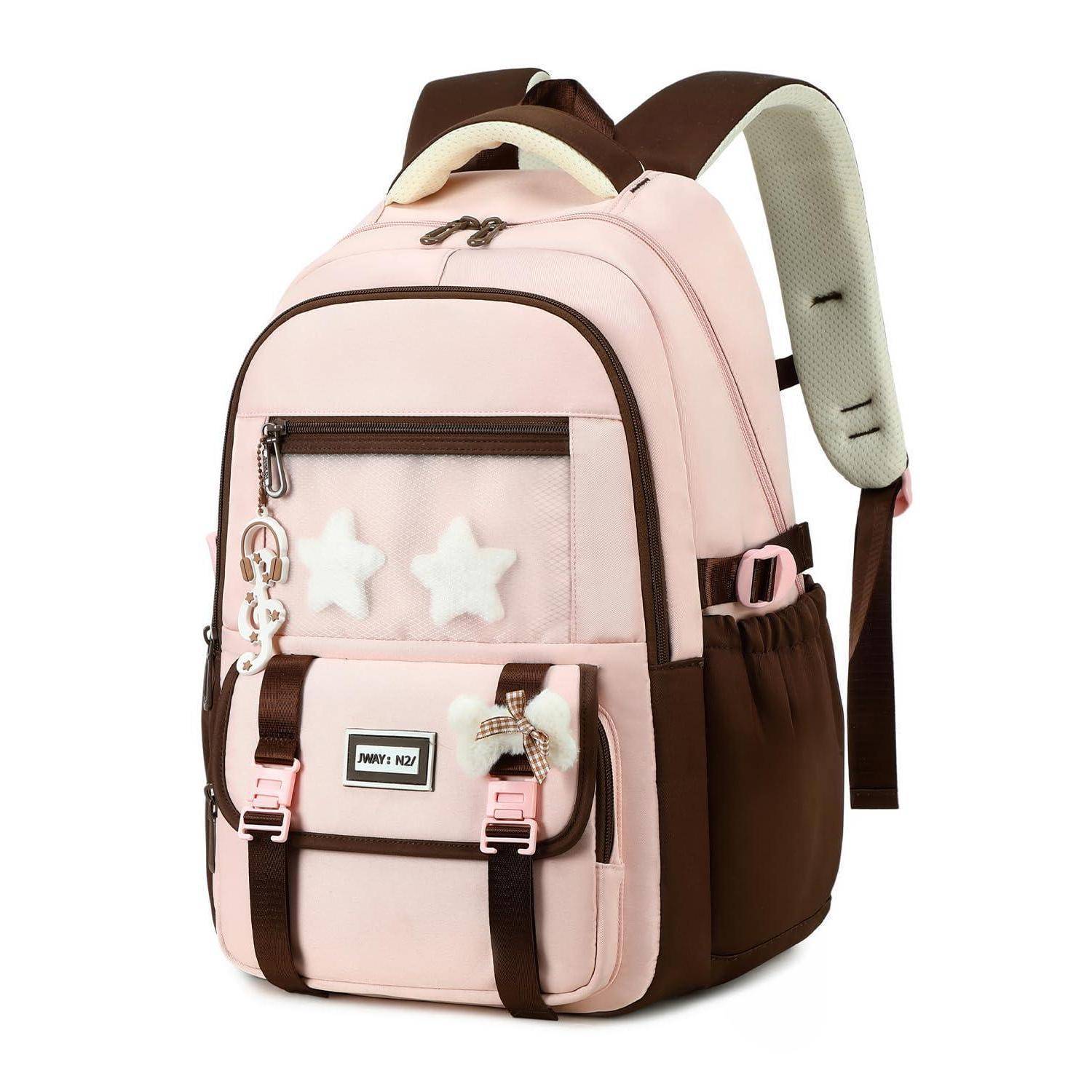 Rosa und brauner Rucksack mit vorderer Reißverschlusstasche, Seitentaschen, gepolsterten Trägern und dekorativen Stern-Patches.