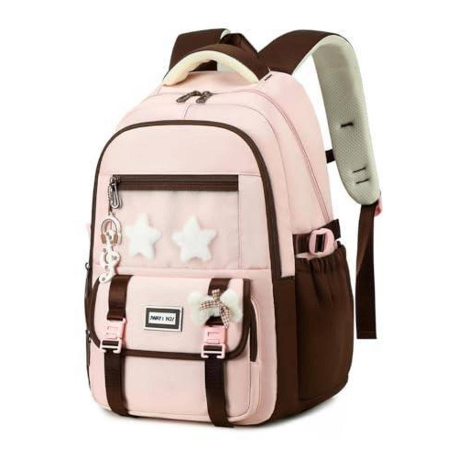 Rosa und braun Rucksack mit vorderer Reißverschlusstasche, Sternenflicken, Seitentaschen und gepolsterten Schultergurten auf weißem Hintergrund.
