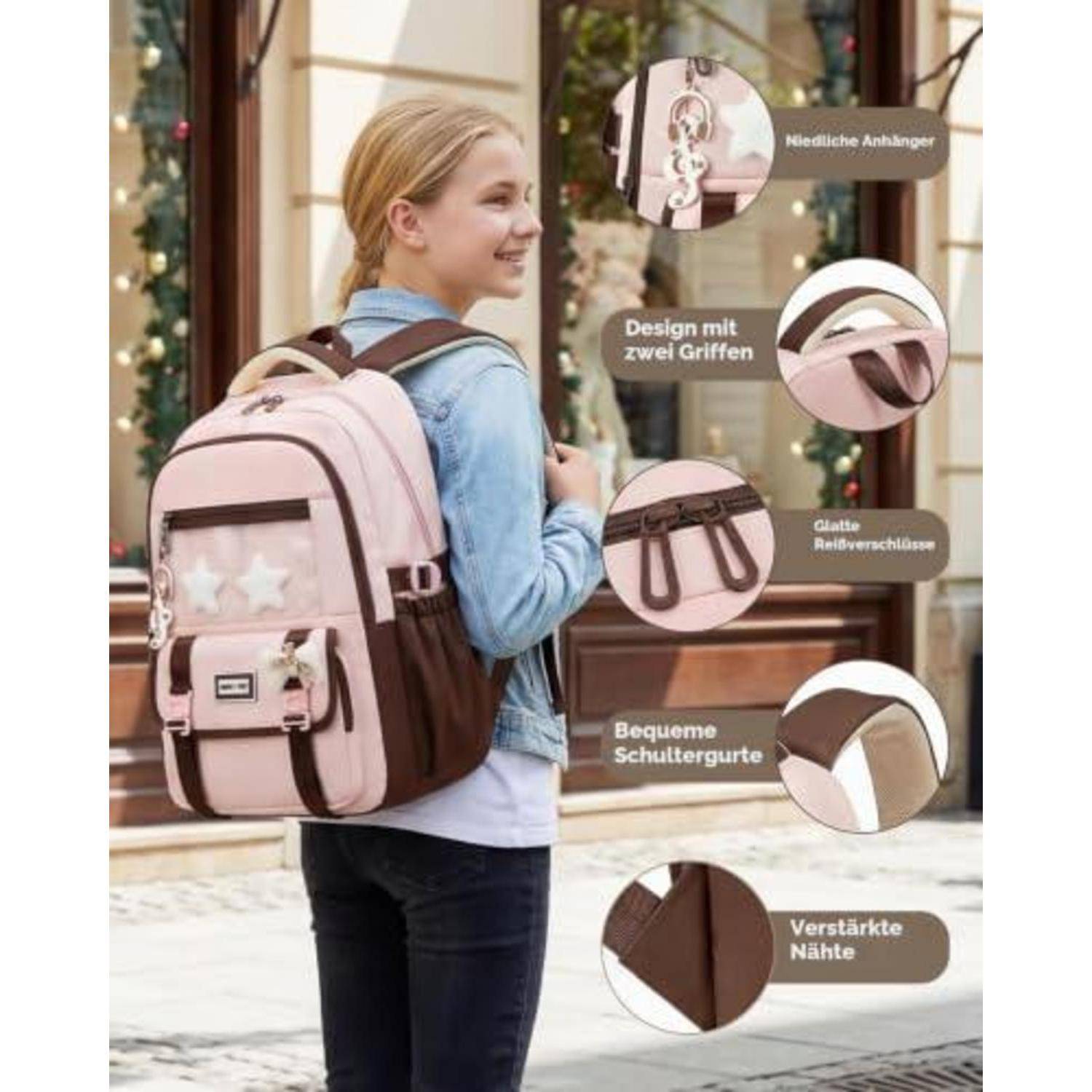 Mädchen trägt einen rosa-braunen Rucksack mit Beschriftungen, die weiche Griffe, Doppelgriff-Design, sanften Reißverschluss, komfortable Riemen und verstärkte Nähte hervorheben.