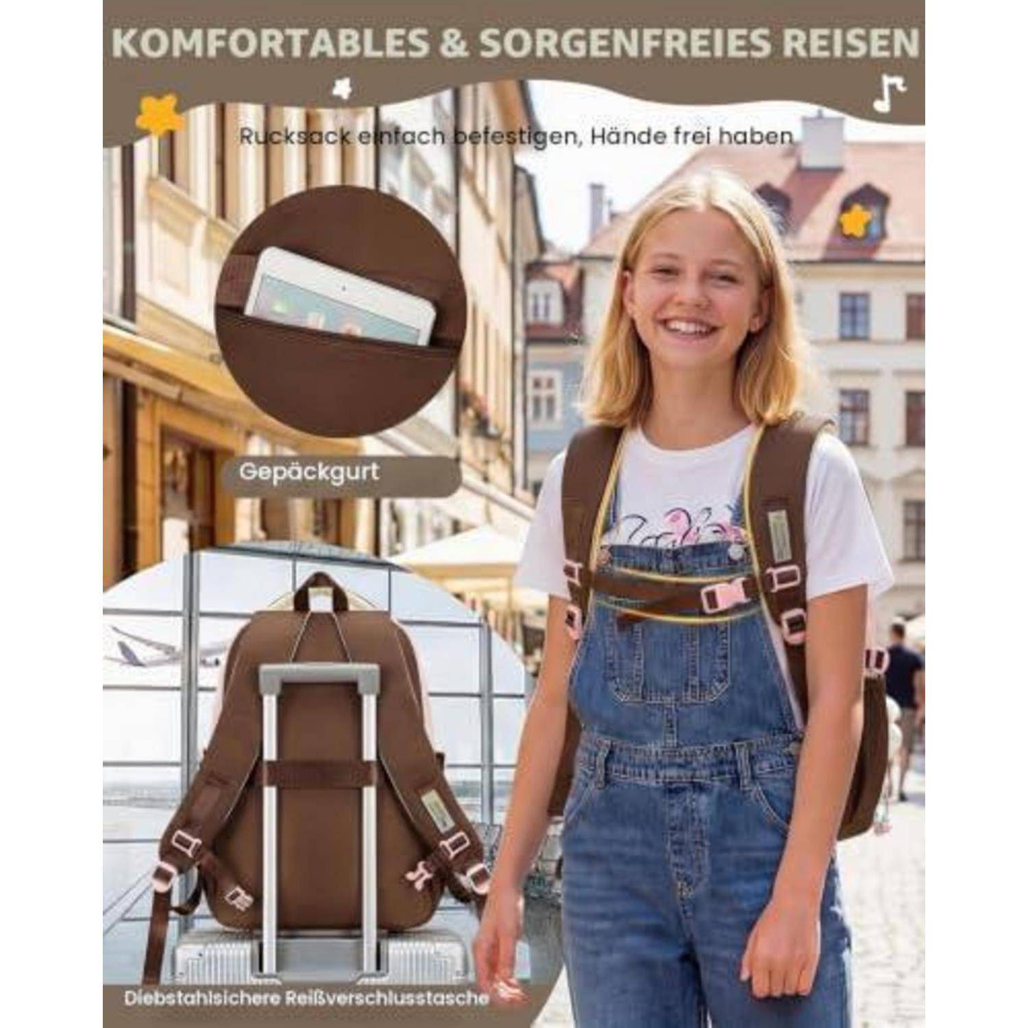 Anzeige für einen Rucksack mit Gepäckgurt und diebstahlsicherem Reißverschlussfach, auf dem ein lächelndes Mädchen ihn trägt; der Text lautet „Komfortables und sorgenfreies Reisen".