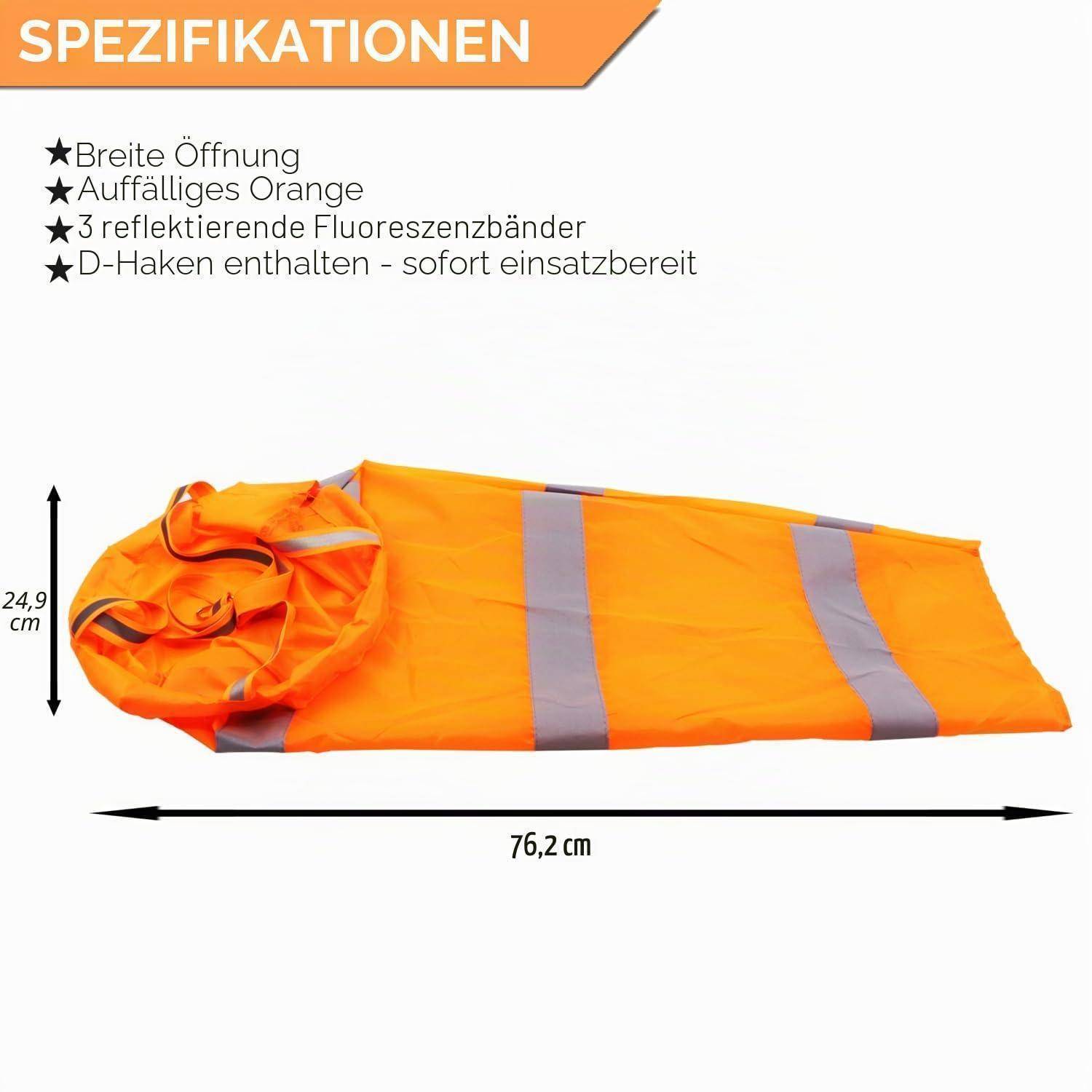 Orangefarbene Warnweste oder Überwurf mit drei reflektierenden Bändern und D-Haken, gezeigt mit Abmessungen von 76,2 cm x 24,9 cm und deutschem Spezifikationstext.
