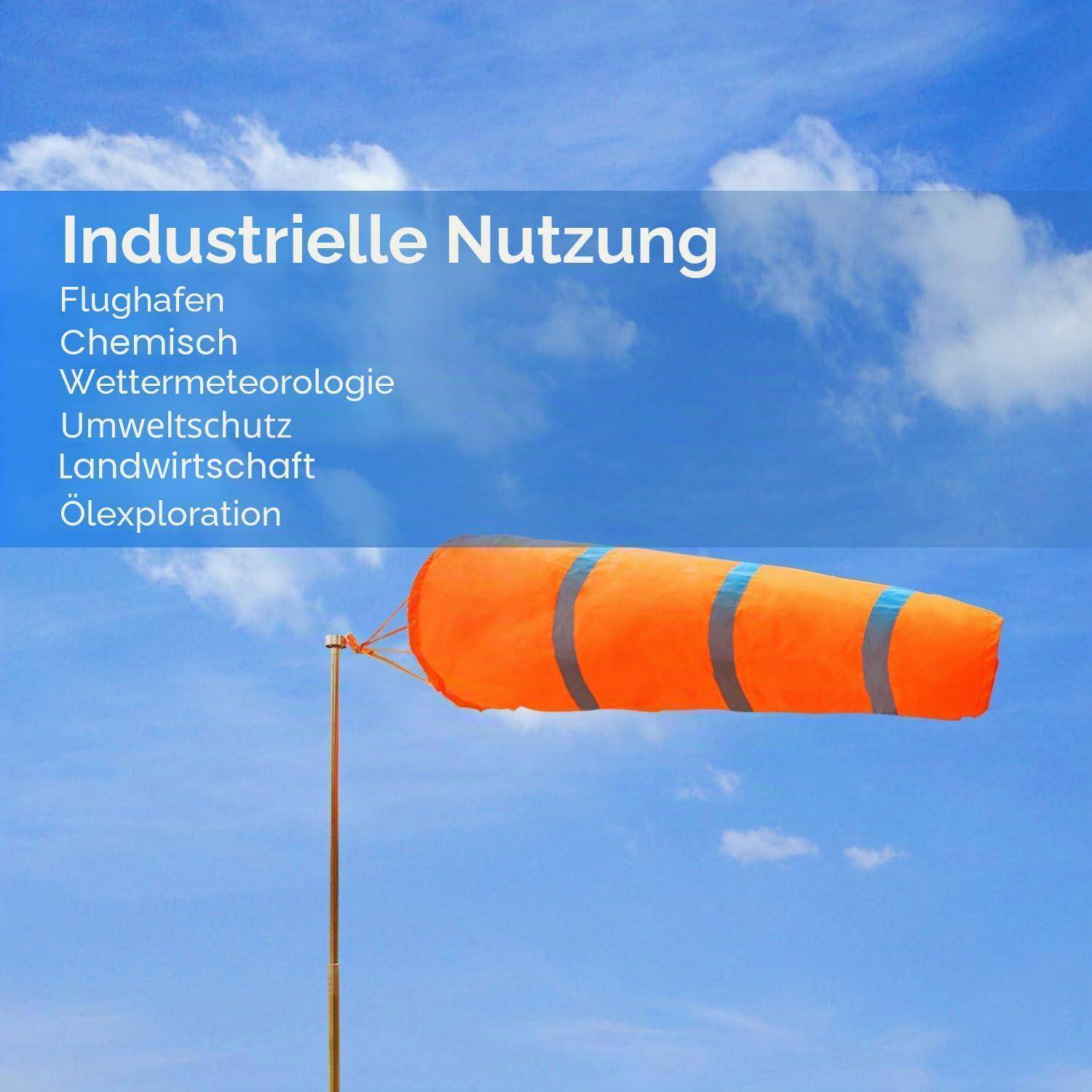 Orange-Windsack gegen einen blauen Himmel, beschriftet mit „Industrielle Nutzung" mit aufgelisteten Anwendungen: Flughafen, Chemie, Wetter, Umweltschutz, Landwirtschaft, Ölexploration.