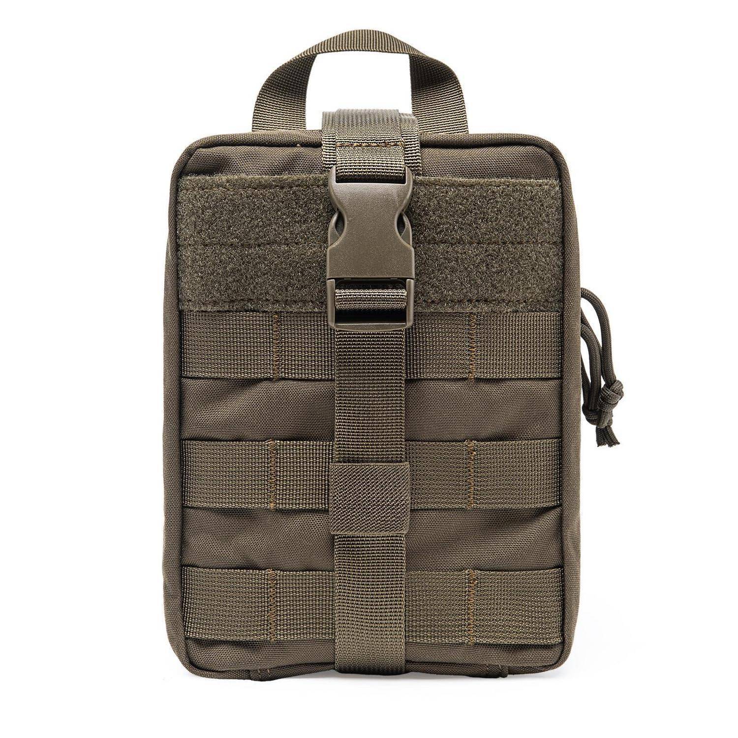 Braune taktische MOLLE-Tasche mit oberem Tragegriff, vorderem Schnallengurt und seitlicher Kordelzug auf weißem Hintergrund.