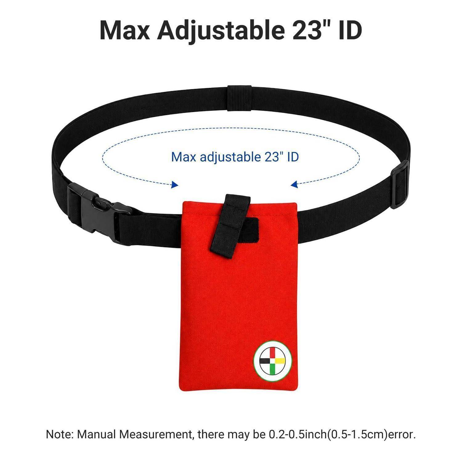 Schwarzes verstellbares ID-Armband mit roter Aufbewahrungstasche, beschriftet mit „Max verstellbar 23" ID""; enthält einen Hinweis, dass manuelle Messungen um 0,2-0,5 Zoll abweichen können.