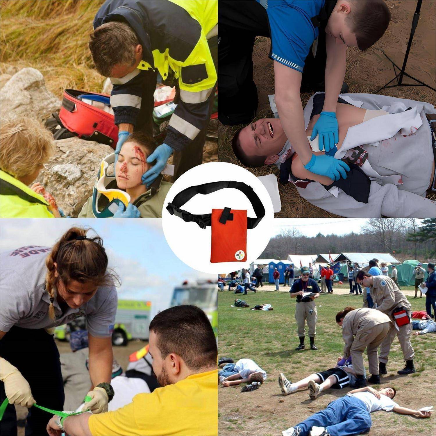 Notfallrettungskräfte und Freiwillige üben Triage und Wiederbelebung an mehreren verletzten Patienten während einer Massenkalamitäts-Trainingsübung im Freien.