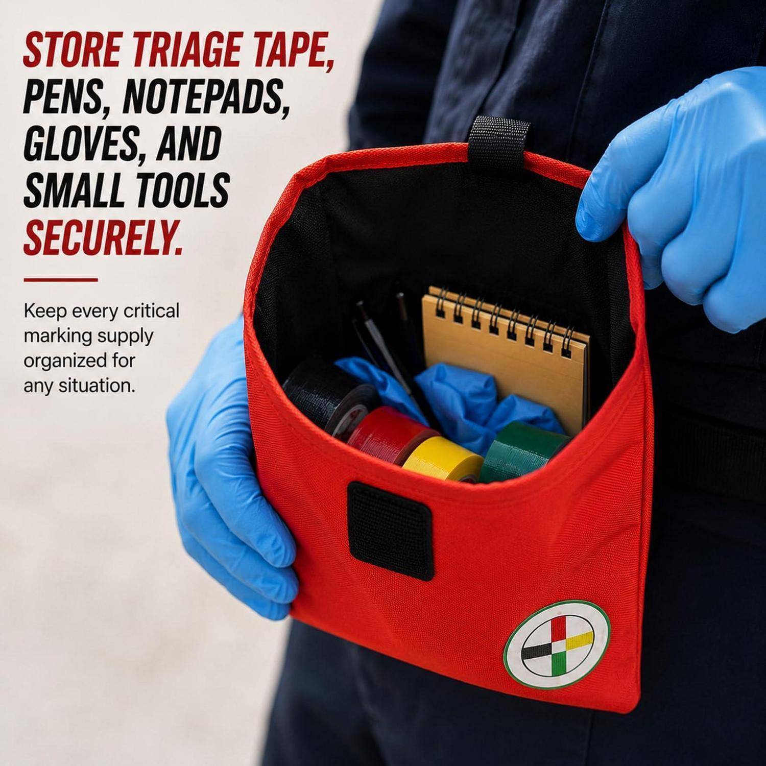 Hände in blauen Handschuhen halten einen offenen roten Beutel, der Klebeband, Stifte, Handschuhe, einen Notizblock und kleine Werkzeuge enthält, mit Text, der zur sicheren Lagerung von Markierungsmaterialien auffordert.