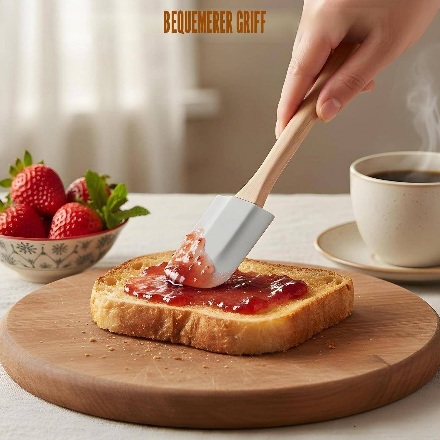 Hand spreading strawberry jam on toast on a wooden board, with a bowl of strawberries and a cup of coffee nearby; text reads 'BEQUEMERER GRIFF'.