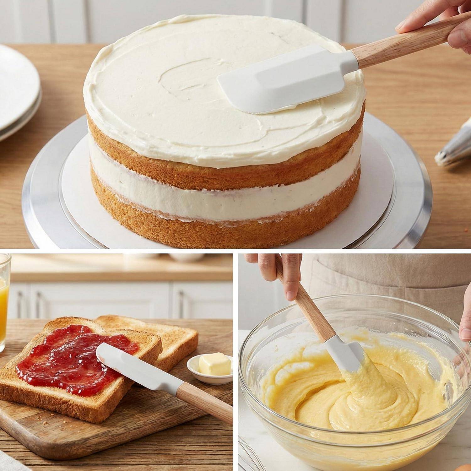 Dreiteilige Kochcollage: Glasur auf einen mehrschichtigen Kuchen auftragen, Marmelade auf Toast verstreichen und Teig in einer Schüssel vermischen.