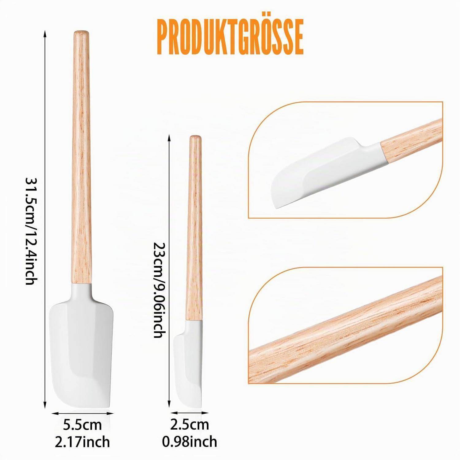 Größentabelle für ein spatelartiges Werkzeug mit zwei Größen: 31,5 cm lang und 5,5 cm breit, und 23 cm lang und 2,5 cm breit, mit Nahaufnahmedetails des Kopfes und des Holzgriffs.
