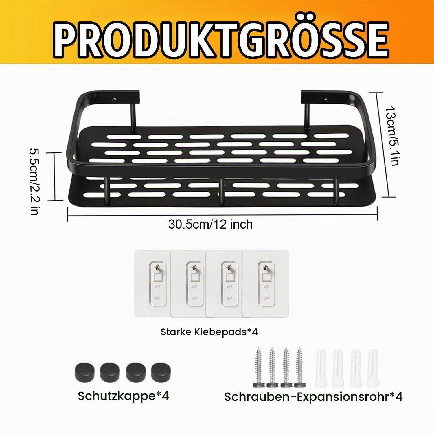 Produktgrößendiagramm für ein wandmontiertes Regal: 30,5 cm breit, 13 cm hoch, 5,5 cm tief, mit 4 Haftpads, 4 Kappen und 4 Schrauben mit Dübeln.