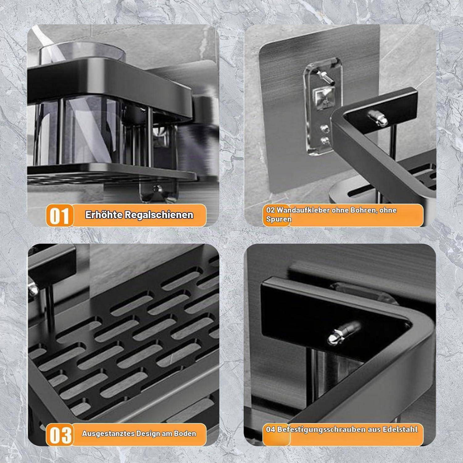 Vierteiliges Produktbild eines Metalleckregals mit erhöhten Schienen, Wandklebehalterung, durchlöcherter Basis und Montageschrauben aus Edelstahl.