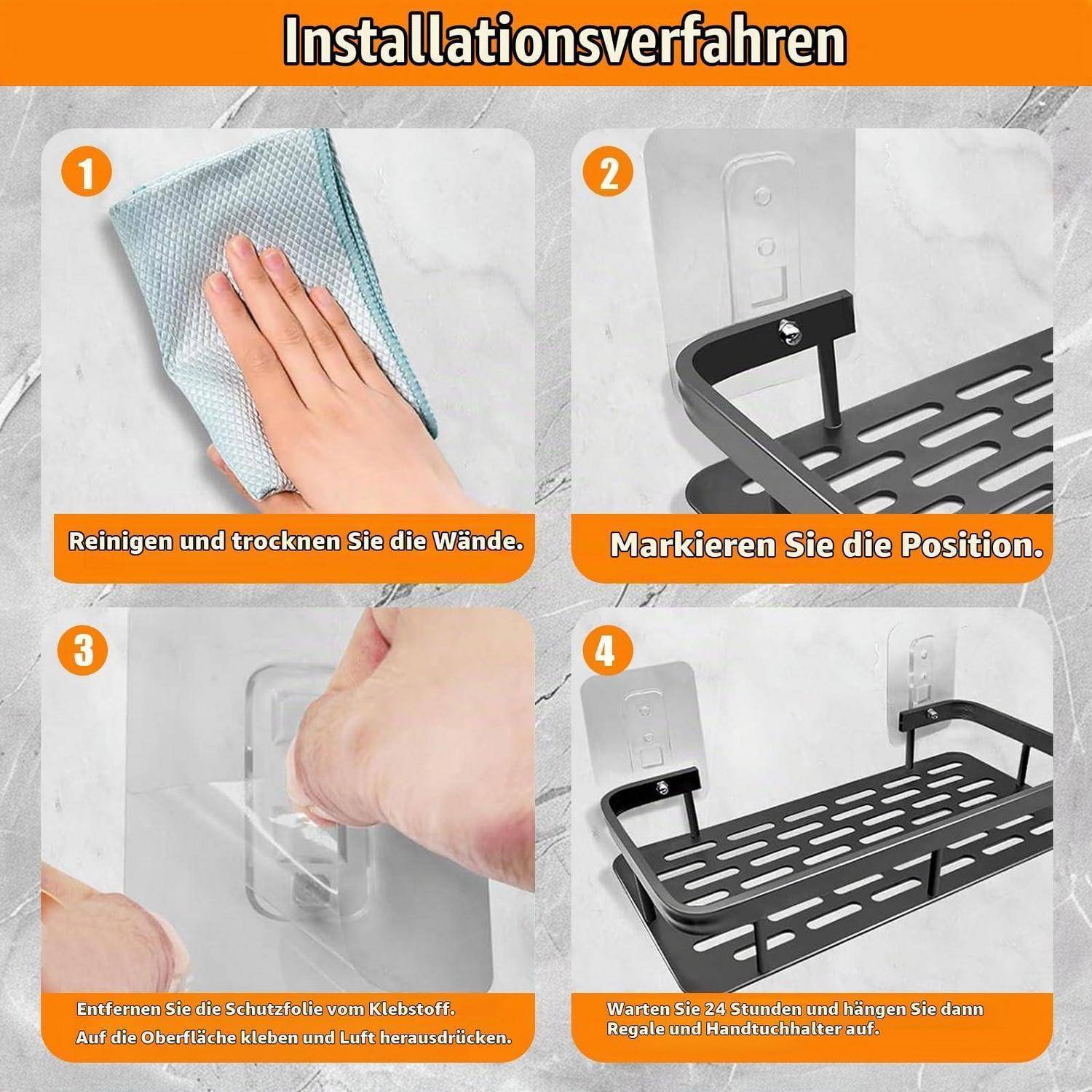 Installationsanleitung für ein wandmontiertes Regal und Handtuchhalter: Wand reinigen und trocknen, Position markieren, Klebestreifen entfernen und anbringen, dann 24 Stunden warten, bevor Sie das Gestell aufhängen.