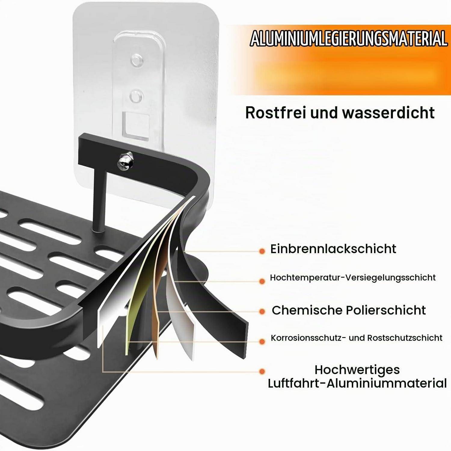 Produktgrafik einer schwarzen wandmontierten Regalbefestigung, die eine mehrschichtige Aluminium-Konstruktion zeigt, auf Deutsch gekennzeichnet als rostfrei und wasserdicht mit Schutzschichten.