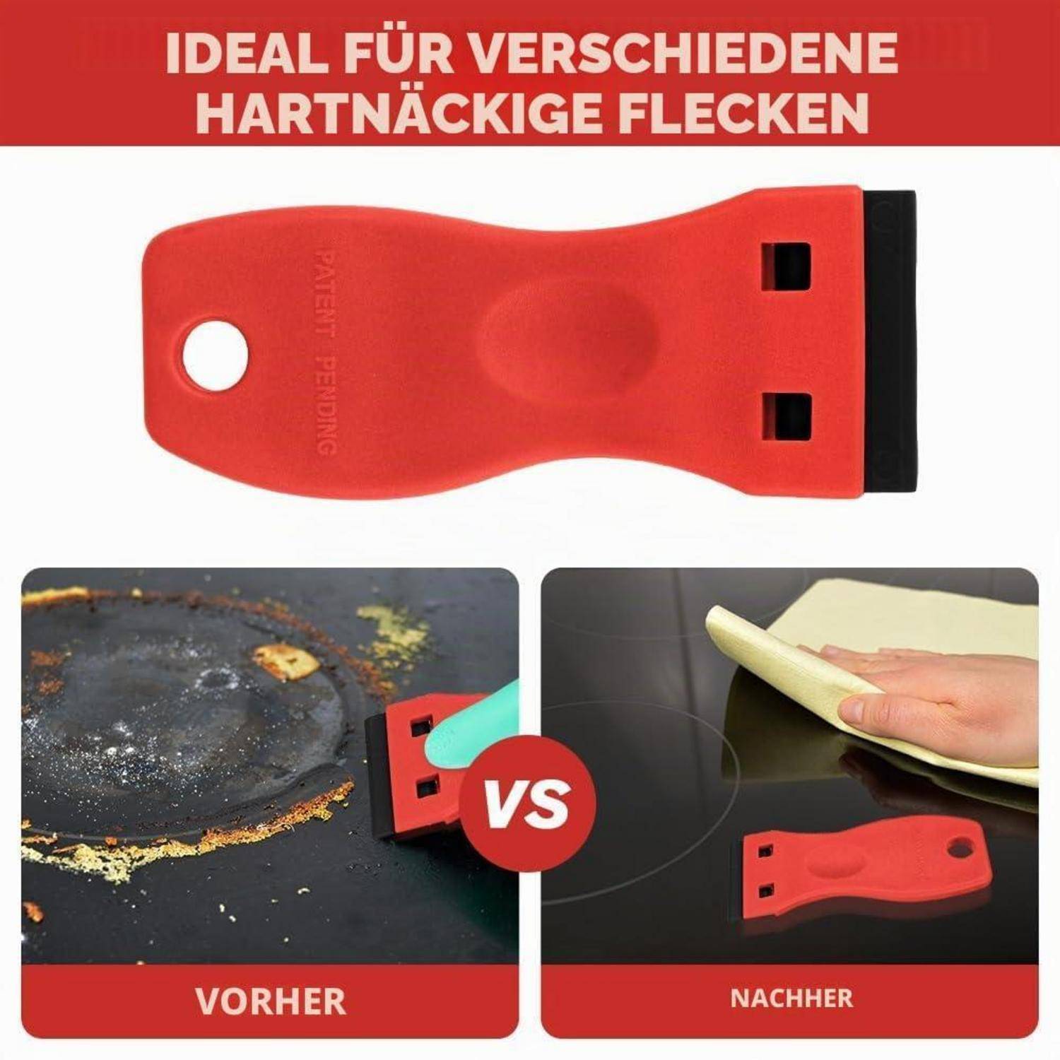 Rotes Kratzerzeugnis zum Entfernen hartnäckiger Flecken, gezeigt mit Vorher-Nachher-Beispielen zum Reinigen einer angebrannten Pfanne und einer glatten Oberfläche.