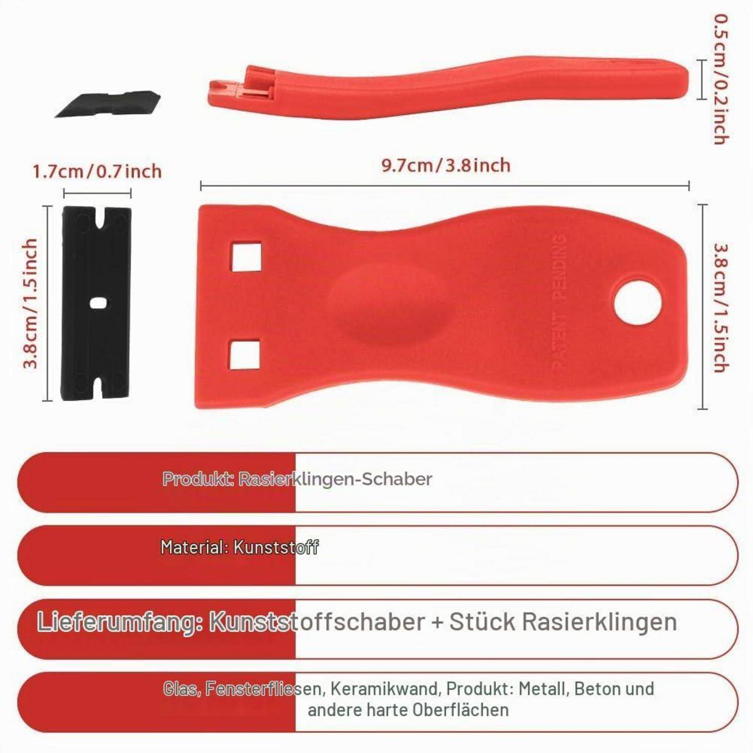 Produktbild eines roten Kunststoffschabers mit einer schwarzen Rasierkinge, dargestellt mit Abmessungen und deutschem Text, der Material und Verwendung auf Glas, Fenstern, Keramikwänden, Metall und Beton beschreibt.