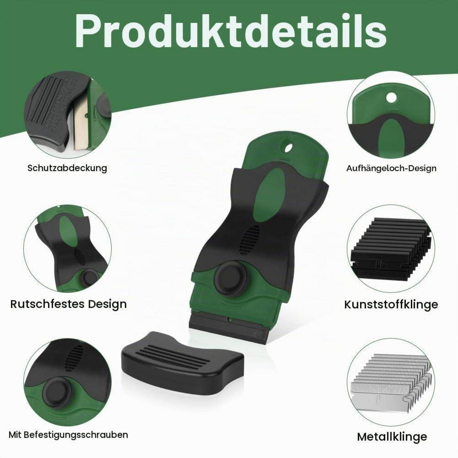Produktdetails eines grün-schwarzen Mehrzweckwerkzeugs mit beschrifteten Hinweisen: Schutzabdeckung, Aufhängeloch, rutschfestes Design, Kunststoff- und Metallklingen sowie Montageschrauben.