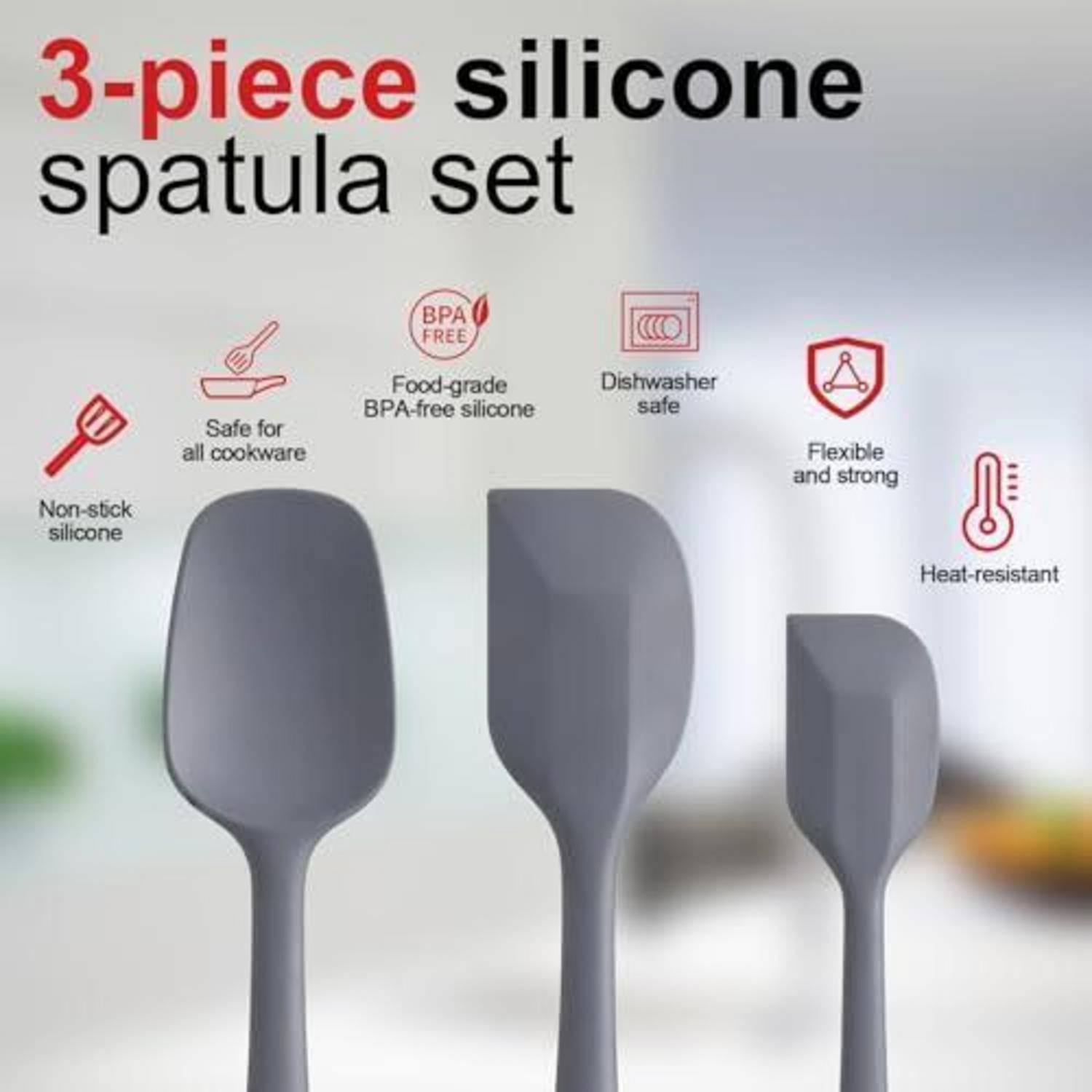 3-teiliges Silikonspatel-Set mit drei grauen Spachteln in verschiedenen Größen, dargestellt als BPA-frei, spülmaschinenfest, flexibel, hitzebeständig und sicher für alle Kochgeschirre.