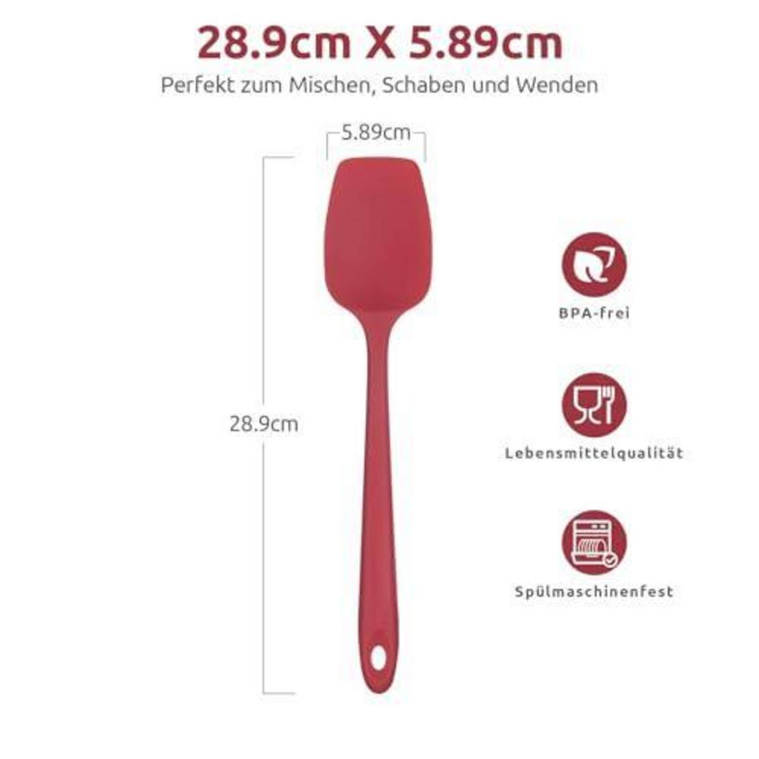 Roter Silikonspatel, 28,9 cm lang und 5,89 cm breit, mit Symbolen für BPA-frei, lebensmittelsicher und spülmaschinenfest.