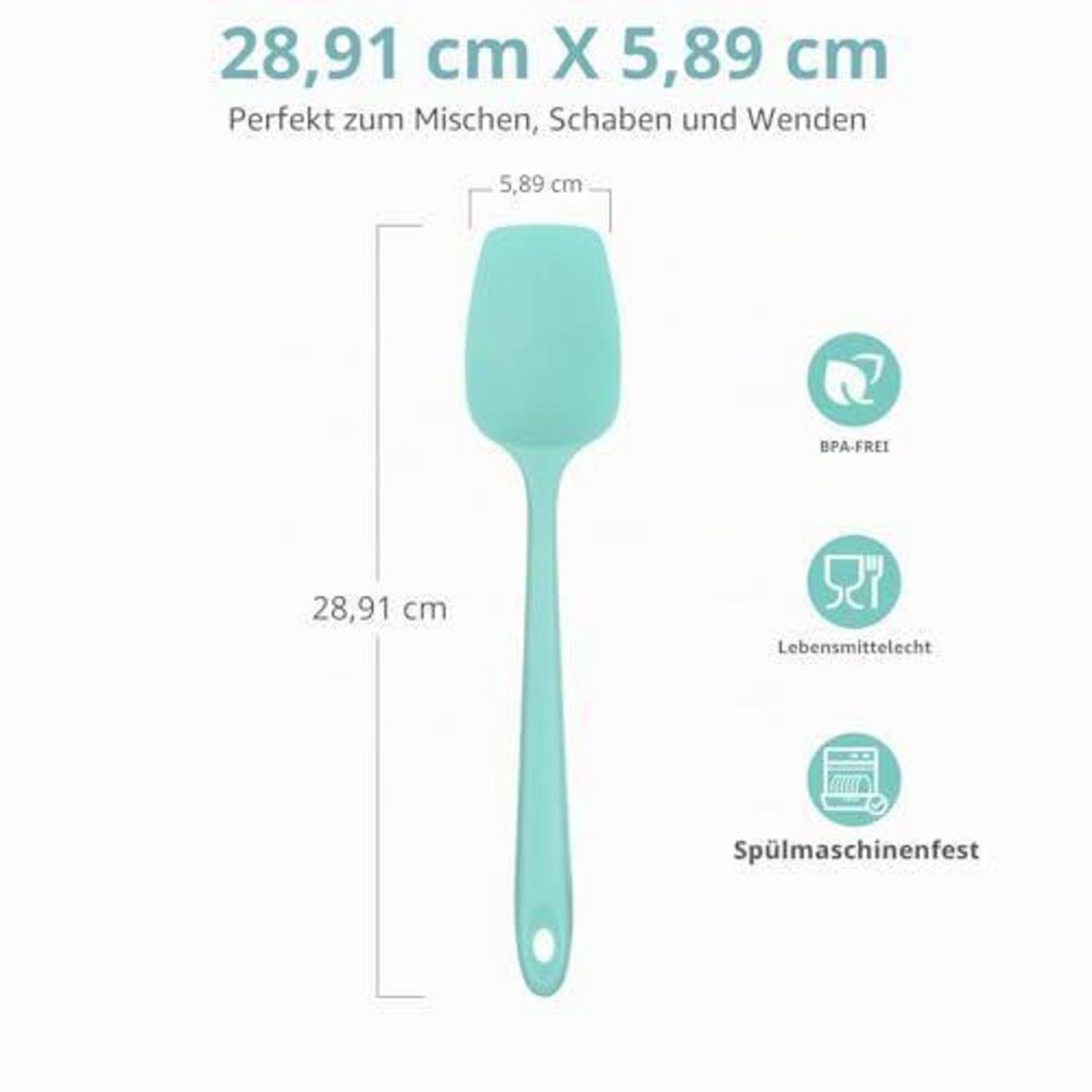 Türkisfarbener Silikon-Spatel mit den Abmessungen 28,91 cm x 5,89 cm und Symbolen, die anzeigen, dass er BPA-frei, lebensmittelsicher und spülmaschinenfest ist.