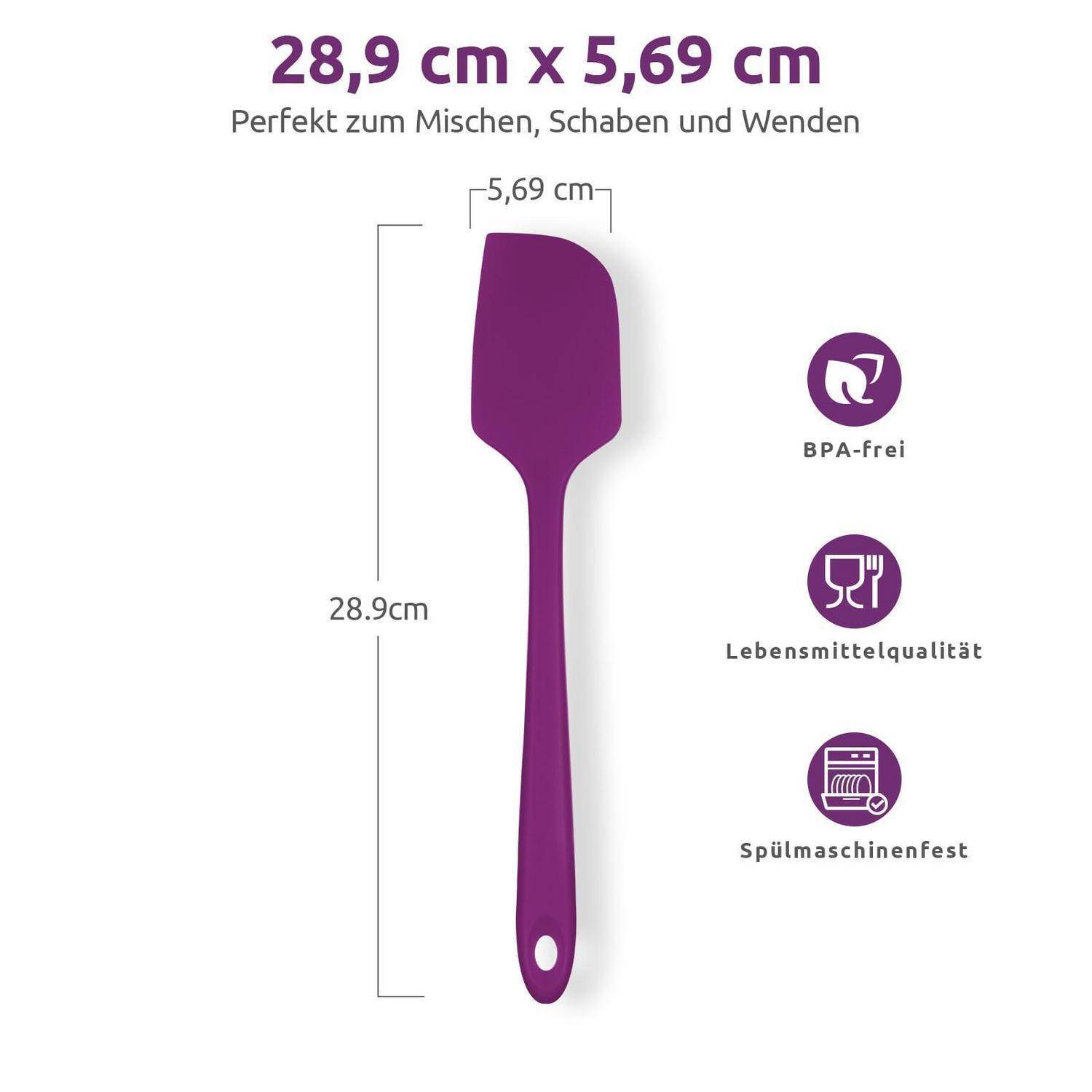 Lila Küchenspatel mit den Abmessungen 28,9 cm x 5,69 cm; gekennzeichnet als BPA-frei, lebensmittelsicher und spülmaschinenfest.