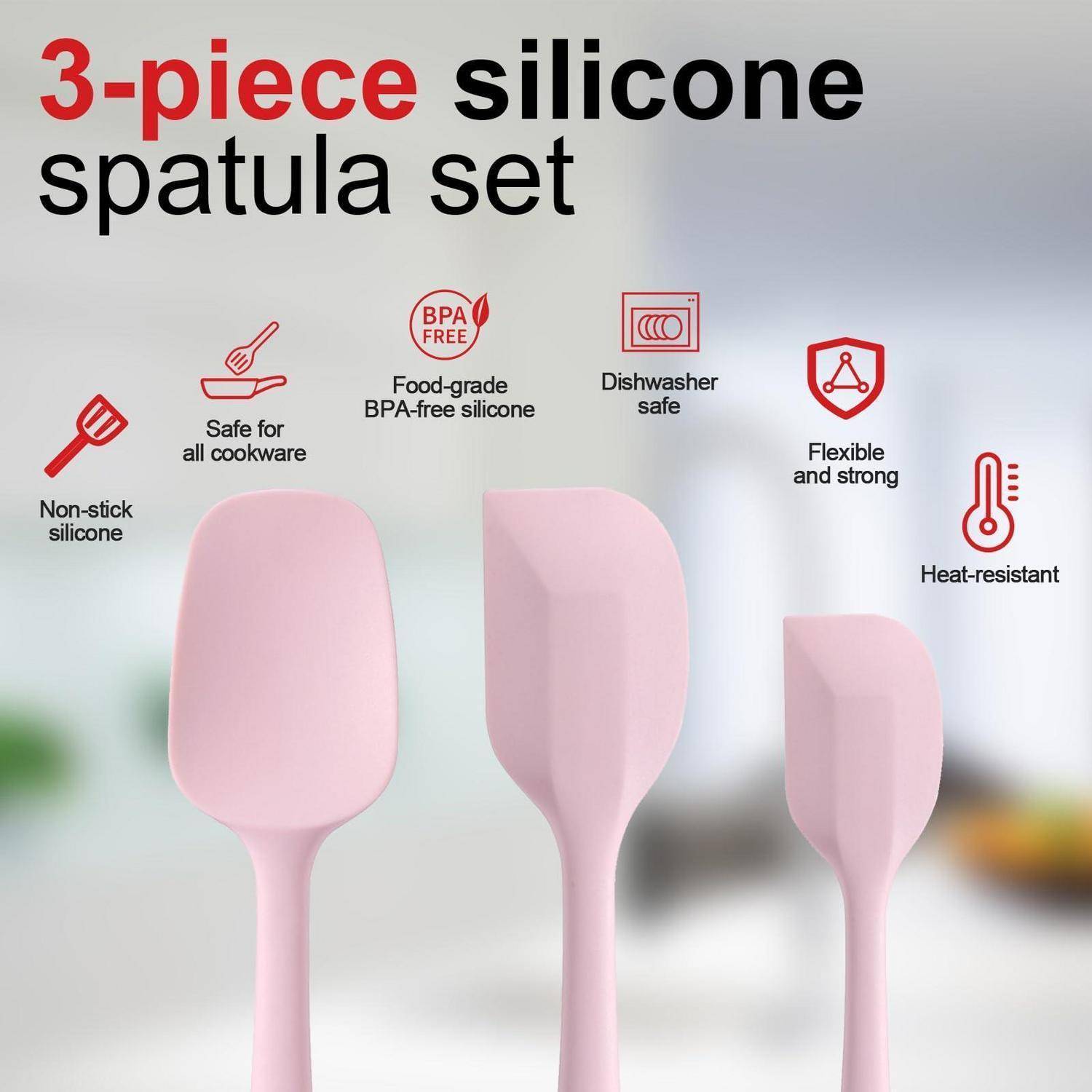3-teiliger rosa Silikon-Spachtelsatz; antihaftbeschichtet, BPA-frei, spülmaschinenfest, flexibel, hitzebeständig, für alle Kochgeschirre geeignet.