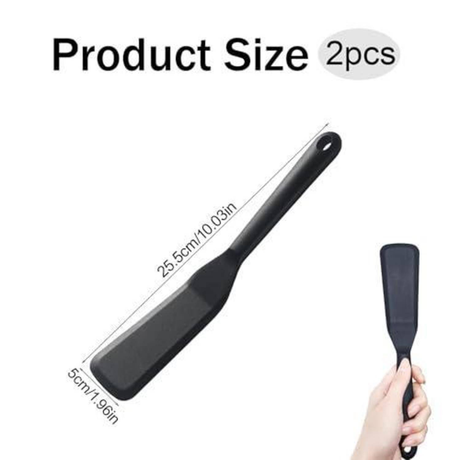 Produktgrößendiagramm für 2 Spatel: 25,5 cm lang, 5 cm breit, mit einer Hand, die den schwarzen Spatel zur Größenreferenz hält.