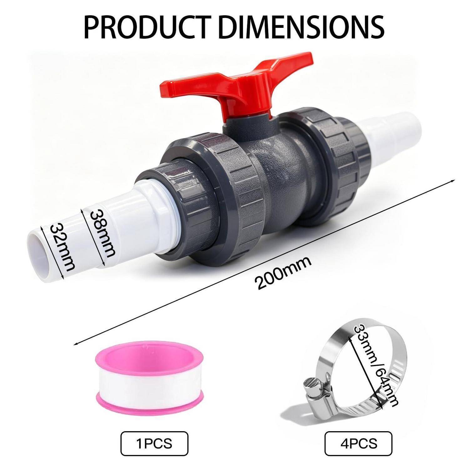 Produktabmessungsdiagramm eines Rohrventils: 200 mm lang, 32 mm und 38 mm Enden, plus beiliegende Zubehörteile mit Kennzeichnung 1 Stück und 4 Stück.