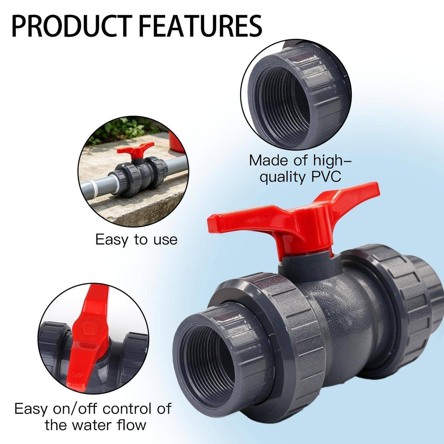 Produktmerkmale eines PVC-Kugelventils: einfache Bedienung, mühelose Ein-/Ausschaltung der Wasserdurchflussregelung und hergestellt aus hochwertigem PVC.