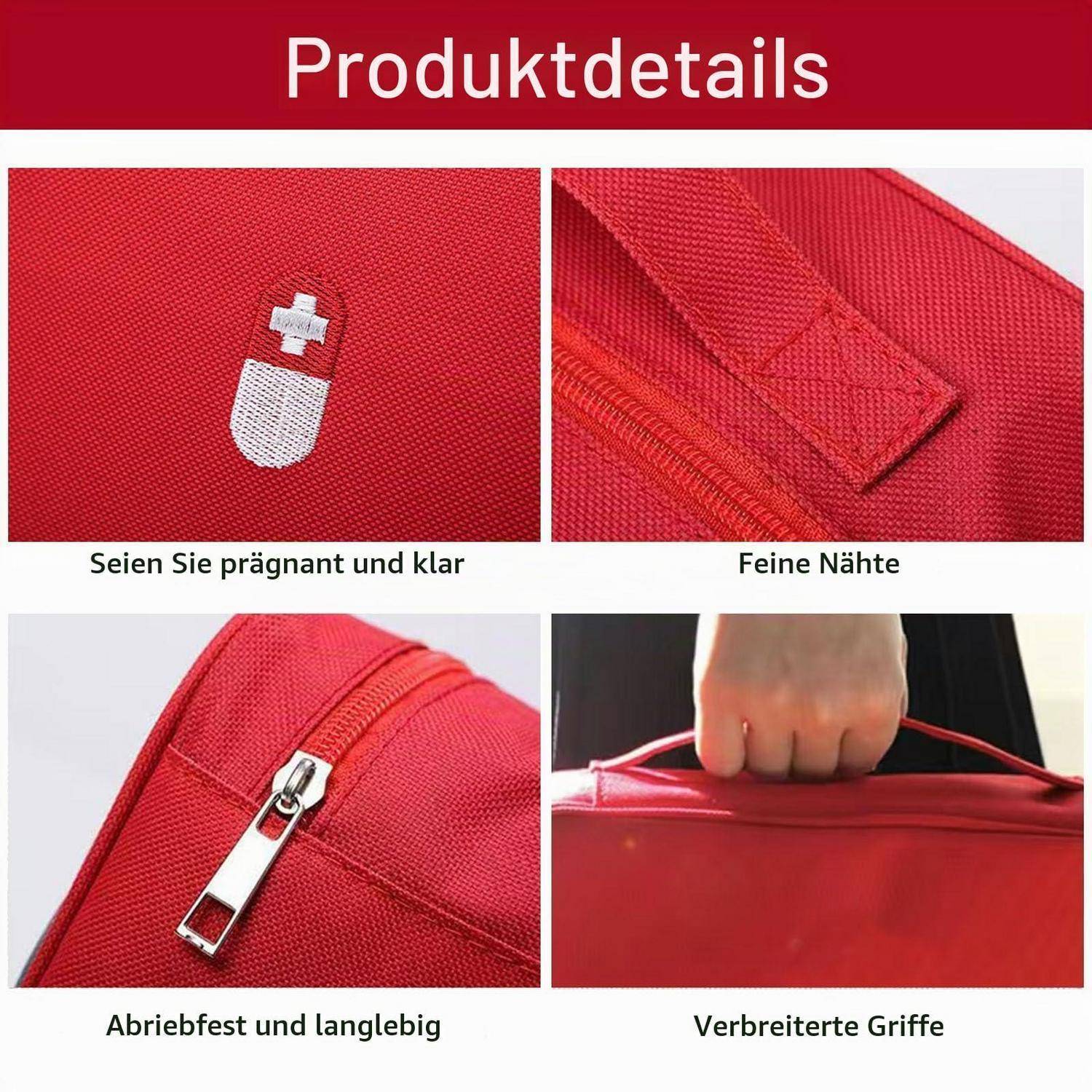 Produktdetails-Collage einer roten Tasche: bestickter Schweizer Kreuzaufnäher, feines Stichmuster, strapazierfähiger Reißverschluss und verbreiterte Griffe zum Tragen.