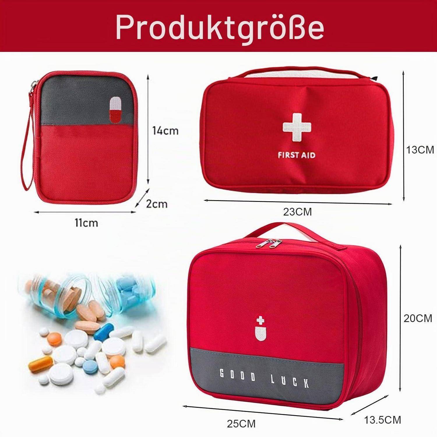 Größentabelle für eine rote Erste-Hilfe-Tasche in drei Ansichten mit den Abmessungen 11x14x2 cm, 23x13 cm und 25x20x13,5 cm sowie einem Pillenbildeinsatz.