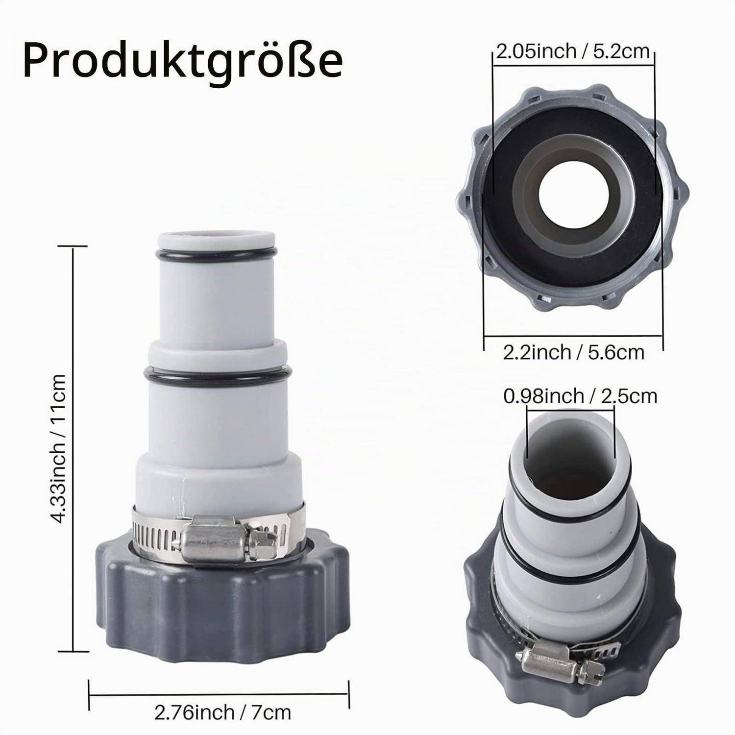 Produktgrößendiagramm eines grauen Kunststoffschlauchverbinders mit den Abmessungen: 4,33 Zoll x 2,76 Zoll Hauptansicht, 2,05 Zoll/5,2 cm oben, 2,2 Zoll/5,6 cm Breite und 0,98 Zoll/2,5 cm Öffnung.