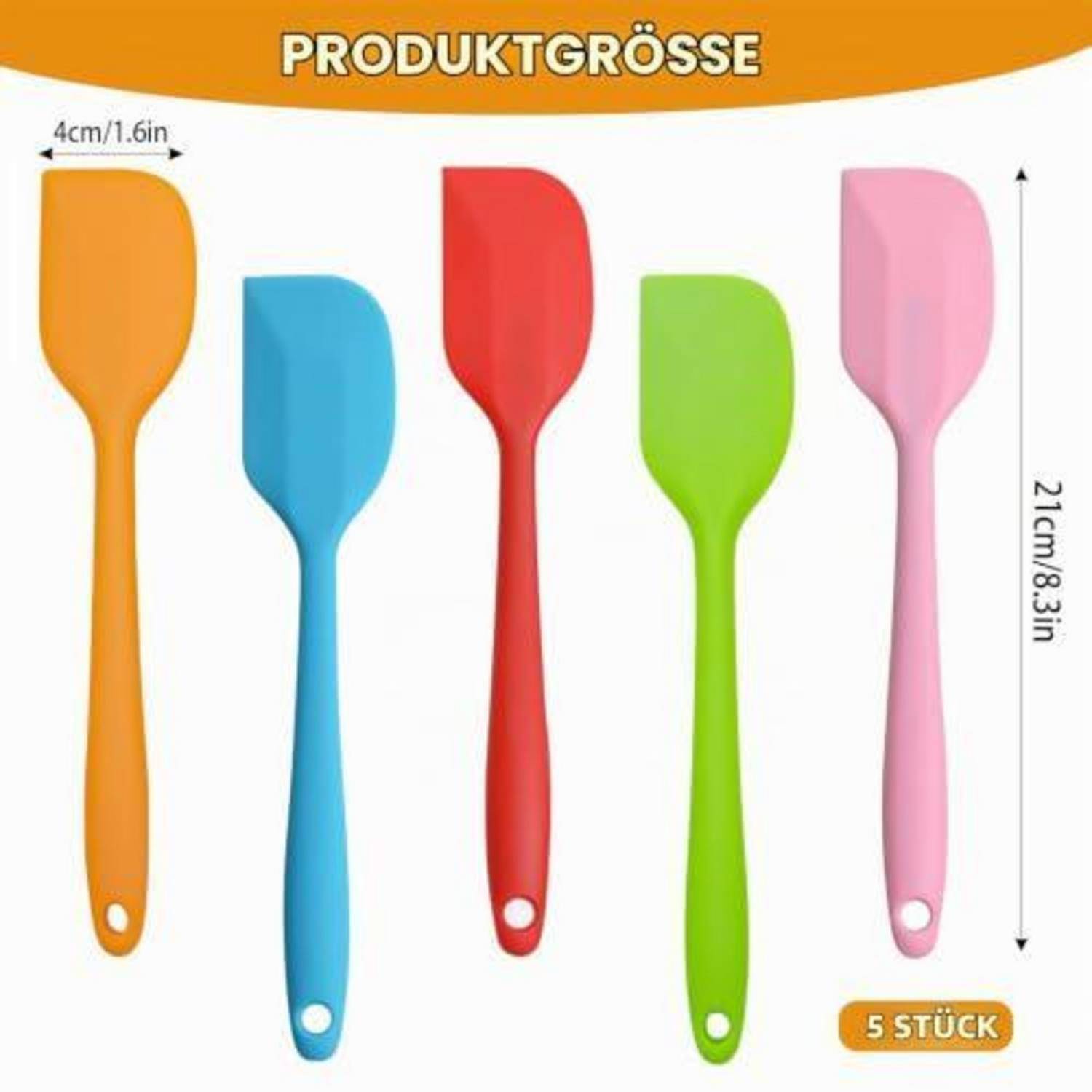 Größentabelle für Produkte mit fünf Silikon-Spatel in Orange, Blau, Rot, Grün und Rosa, beschriftet mit 4 cm breit und 21 cm hoch, '5 STÜCK'.