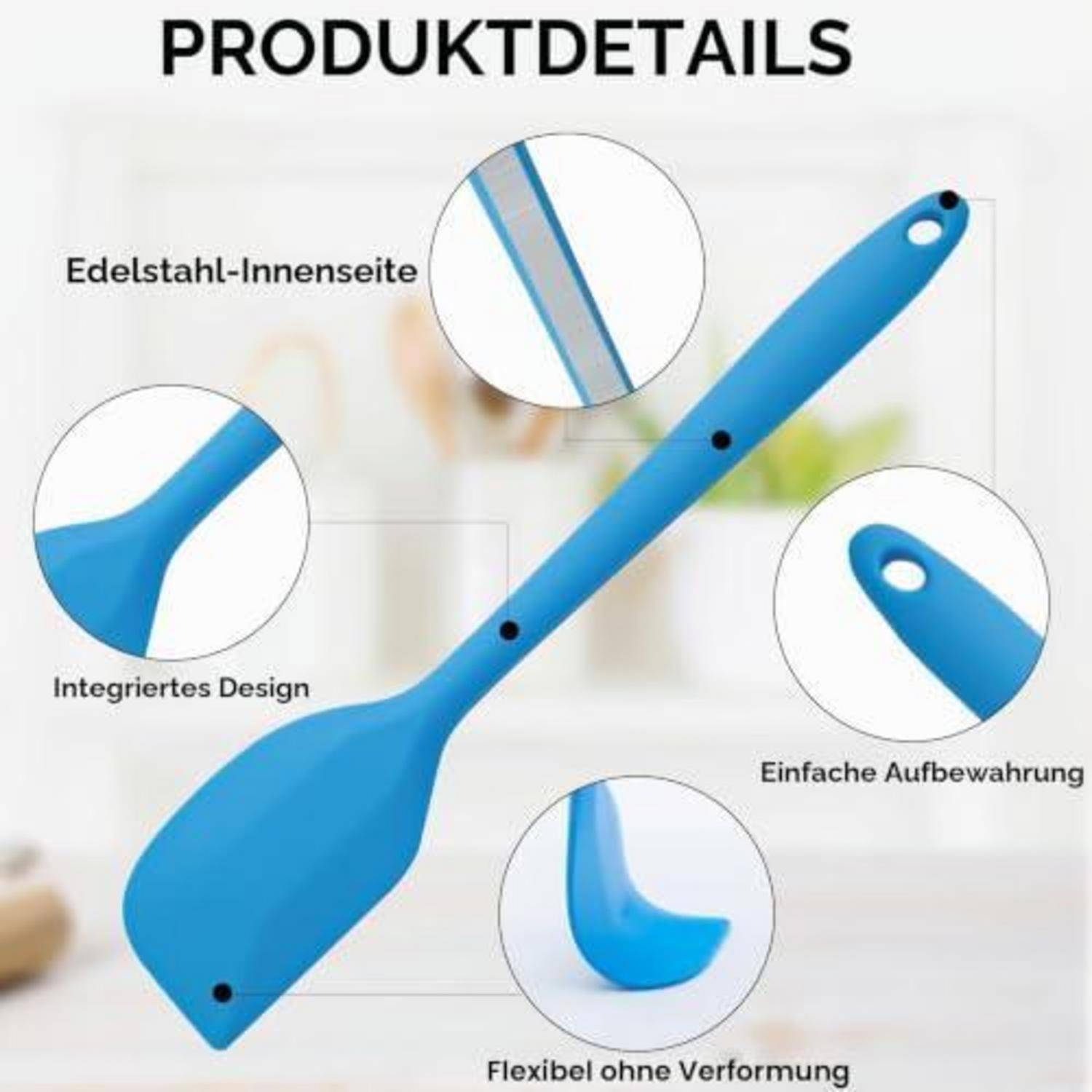 Abbildung eines blauen Spachtels mit vergrößerten Callouts, die Produktdetails hervorheben: Edelstahlinnenseite, integriertes Design, einfache Lagerung und Flexibilität ohne Verformung.