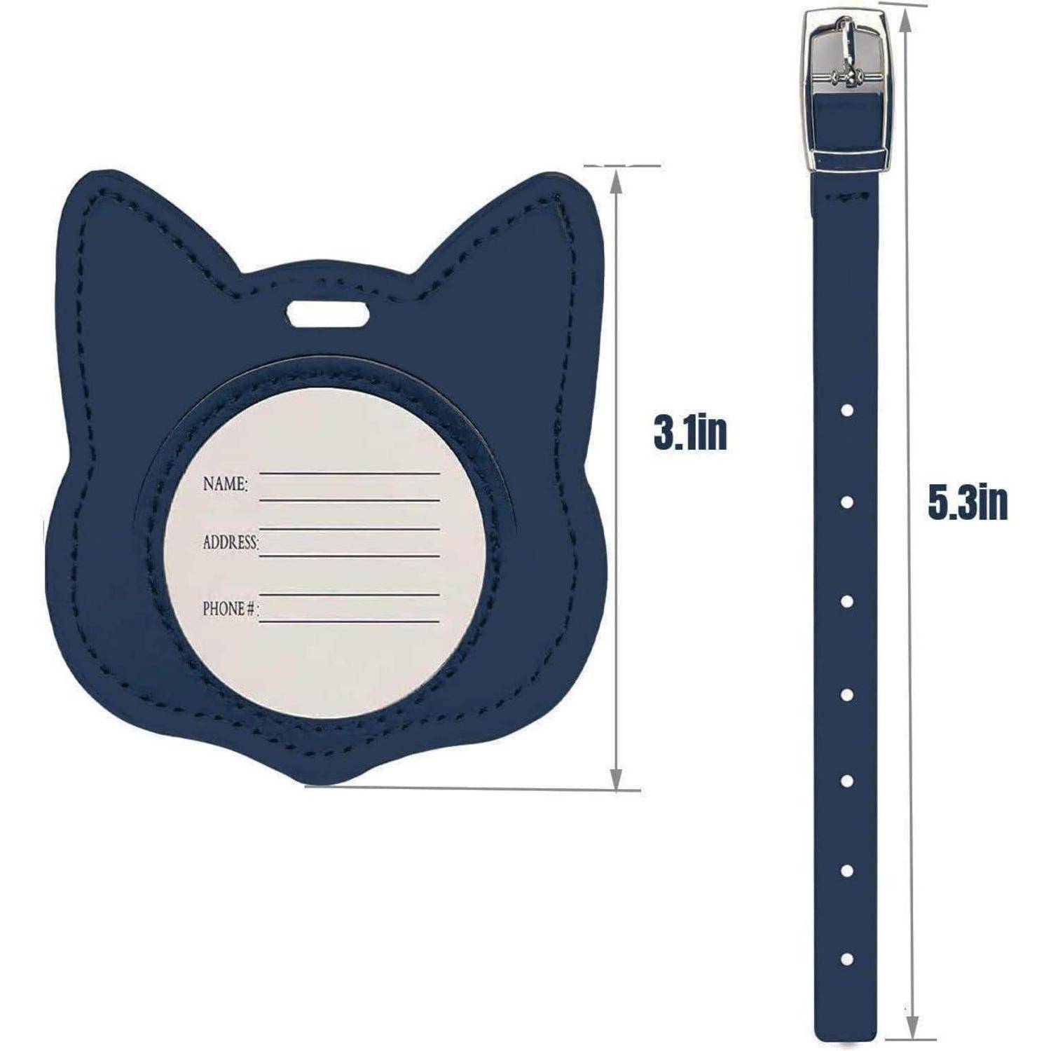 Blauer katzenförmiger Haustier-Ausweisanhänger und passender verstellbarer Halsband, mit Größenangaben 3,1 cm und 5,3 cm; der Anhänger hat Zeilen für Name, Adresse und Telefonnummer.