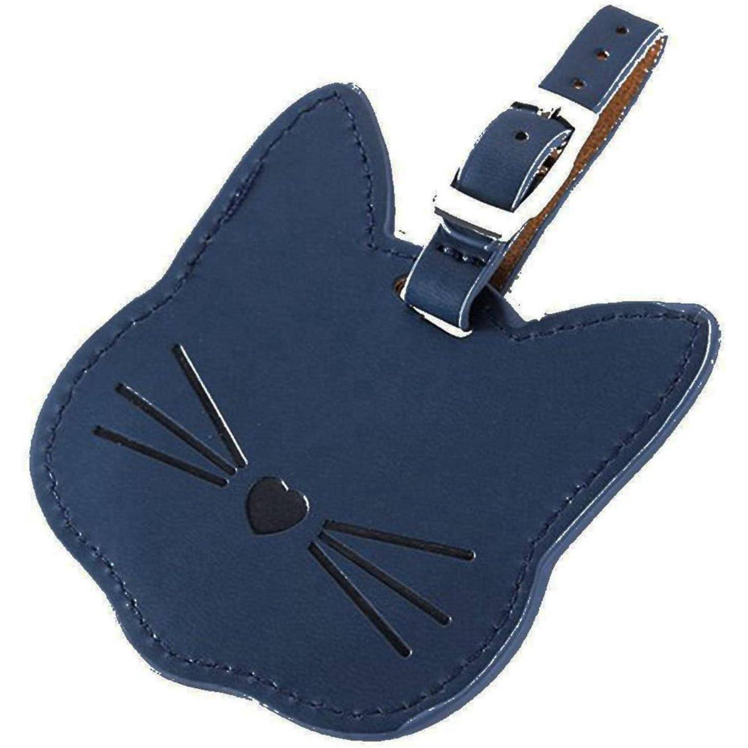 Blaues, katzenförmiges Lederanhänger für Gepäck mit Schnallenriemen und einfachem Schnurrbart- und Nasendesign.