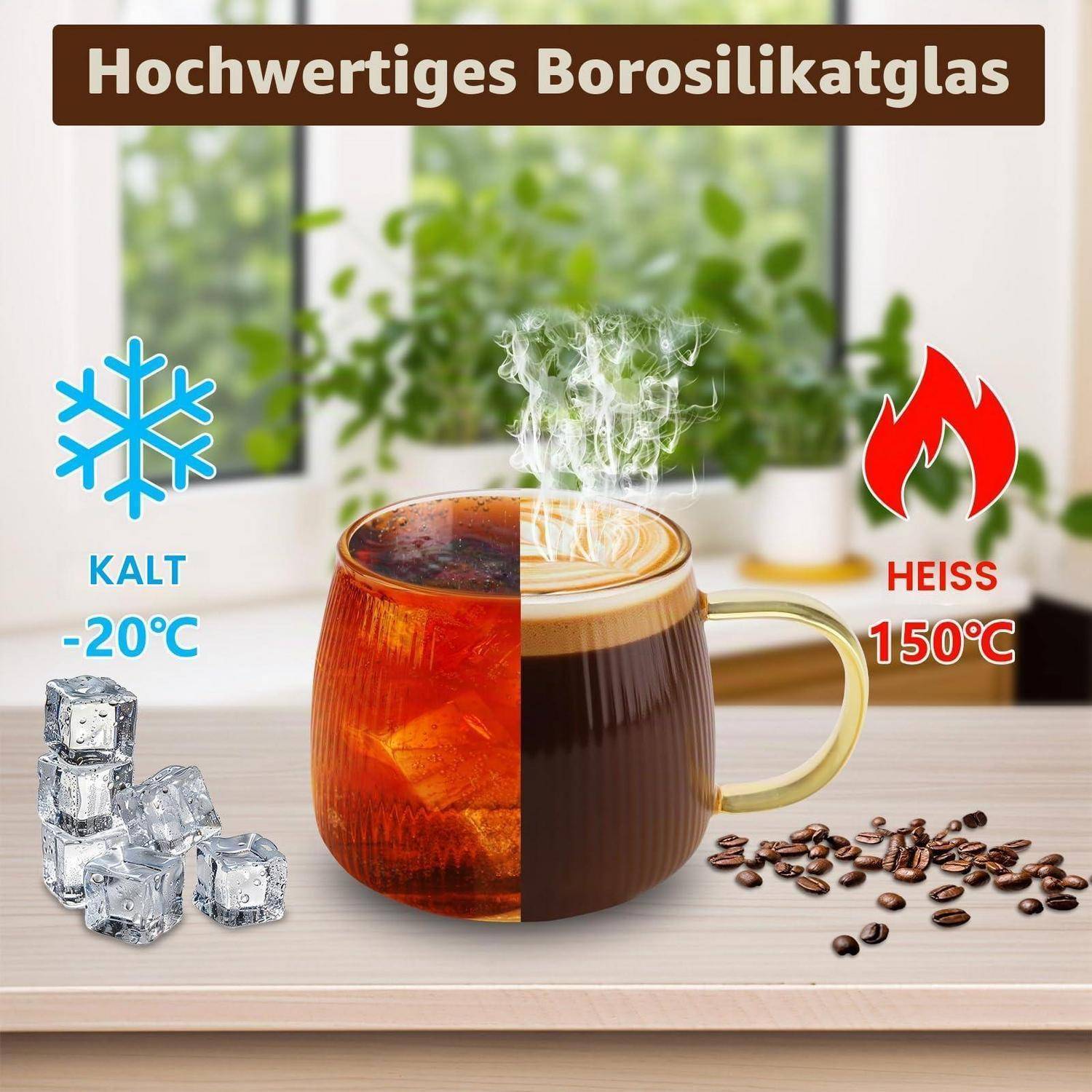 Borosilikat-Glastasse, aufgeteilt zwischen eisgekühltem und dampfendem Getränk, demonstriert Wärmebeständigkeit von -20°C bis 150°C.
