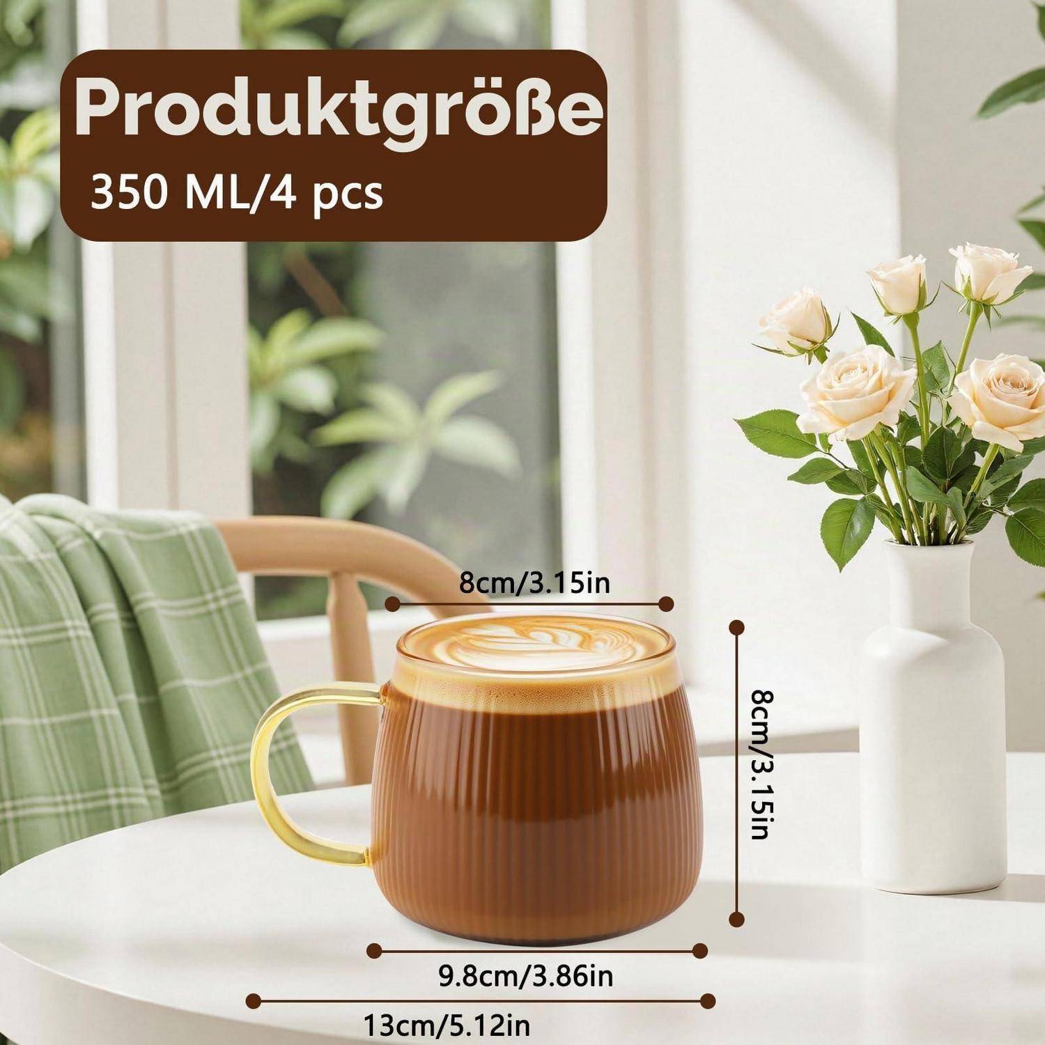 Produktgröße: 350 ml/4 Stck. Die auf einem Tisch abgebildete Tasse ist 8 cm hoch und 8 cm breit an der Oberseite, 9,8 cm breit insgesamt, 13 cm lang einschließlich Griff.