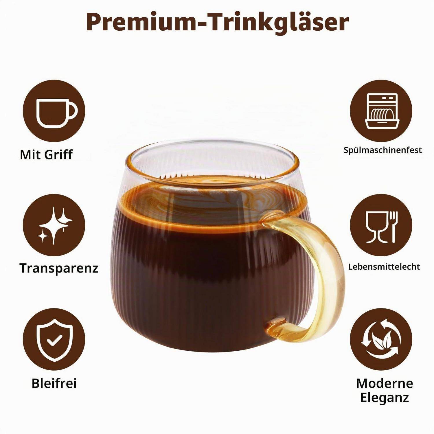 Premium Trinkgläser Anzeige, die einen klaren Henkelbecher mit Kaffee zeigt, beschriftet mit 'Mit Griff', 'Transparenz', 'Bleifrei', 'Spülmaschinenfest', 'Lebensmittelecht' und 'Moderne Eleganz