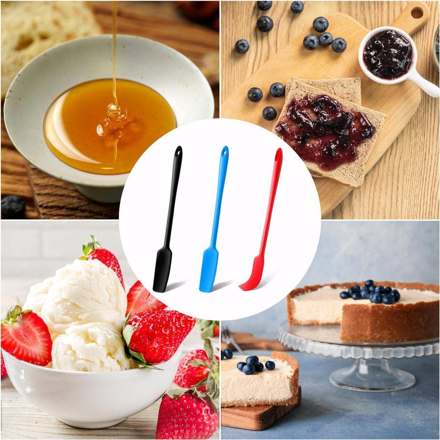 Satz von drei Silikon-Spachteln in Schwarz, Blau und Rot, dargestellt über Lebensmittelbildern von Honig, Marmelade auf Toast, Eiscreme und Kuchen.
